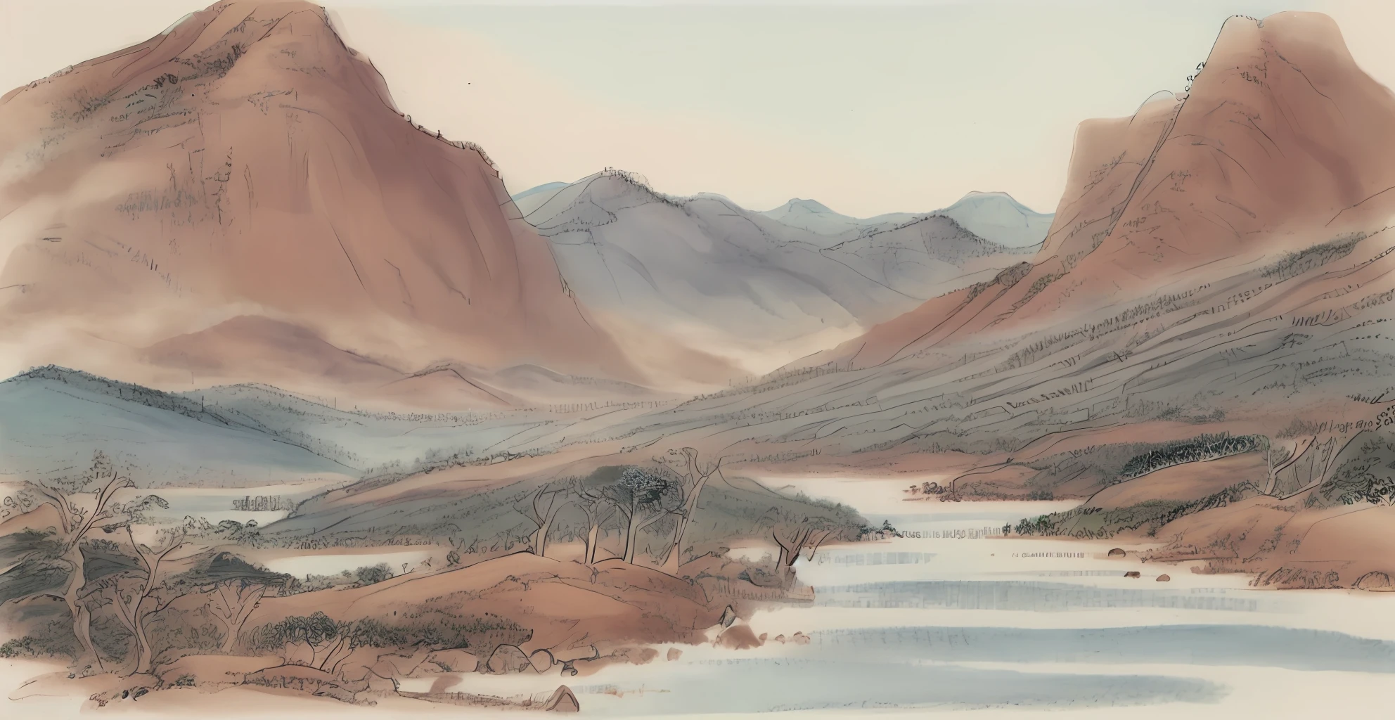 Mountain and river diagram，Ink wind，Cyan is predominant，