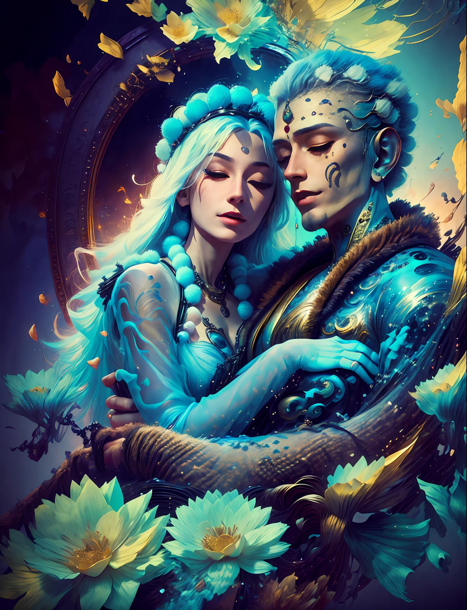 Handsome guy in a white shirt,A man and a woman hugged together,Twin,Sit and meditate in a lotus pose,Look at the audience with your eyes closed,raised head,Floating on the ground,cheerfulness,A slight smil,realisticlying,Bokeh,light particules,very highly detailed background,detailed face with,Detailed and complex busy background,Untidy,opulent,milkyW,Highly detailed hands,Realistic details of skin,Visible Pore,tack sharp focus,volume fog,8K UHD,digital SLR camera,high qulity,filmgrain,White skin of the,photo-realism,lomo graphy,Huge metropolis in a dystopia of the future , look from down