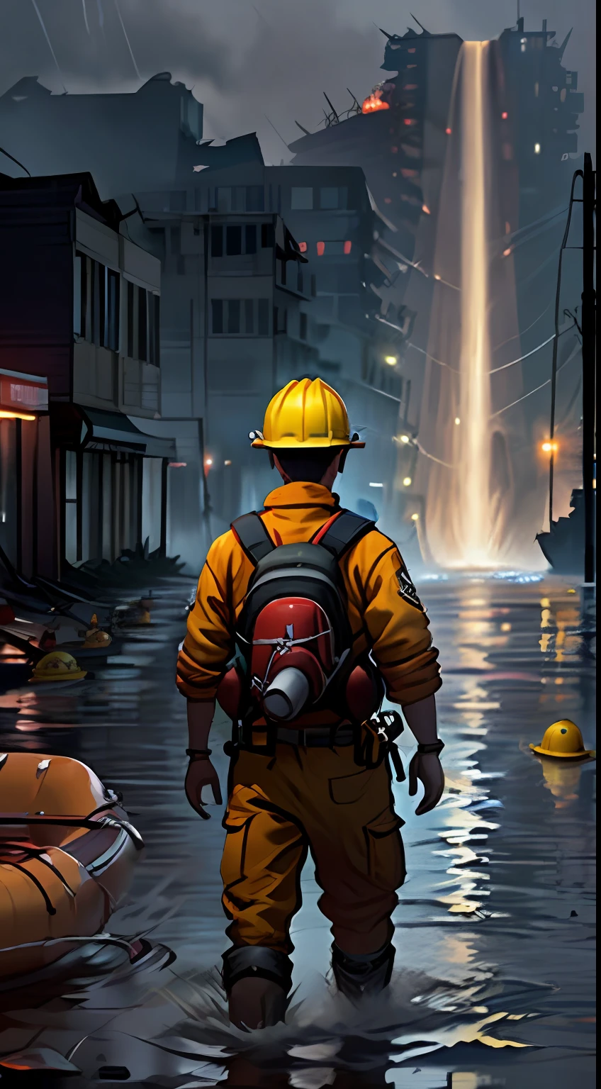 (Fearful:1.3) A firefighter,yellow hardhat，Red life jacket，life raft，dangers，resistors，downpours，salama，From behind, Run-down town，natta，Light in the night，In the ruins,floods，downpours，save，grieves，Rainy weather，City lights reflect damp parts