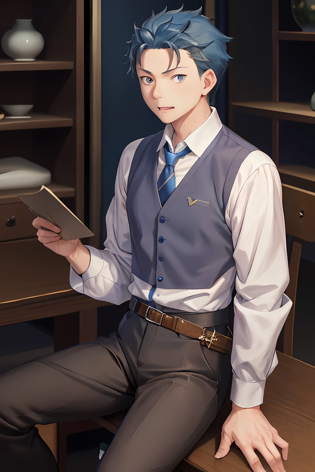 （1 Adult male），A high resolution， Sharp focus， Pixiv masterpiece， （（Complicated details））， highly  detailed， natsuki_subaru， 1 man， with her mouth open，full bodyesbian，sit astride， blue colored eyes（eyes glowing）， blue short hair，white  shirt，Wear a tie，Wear a belt，perspire，look from down