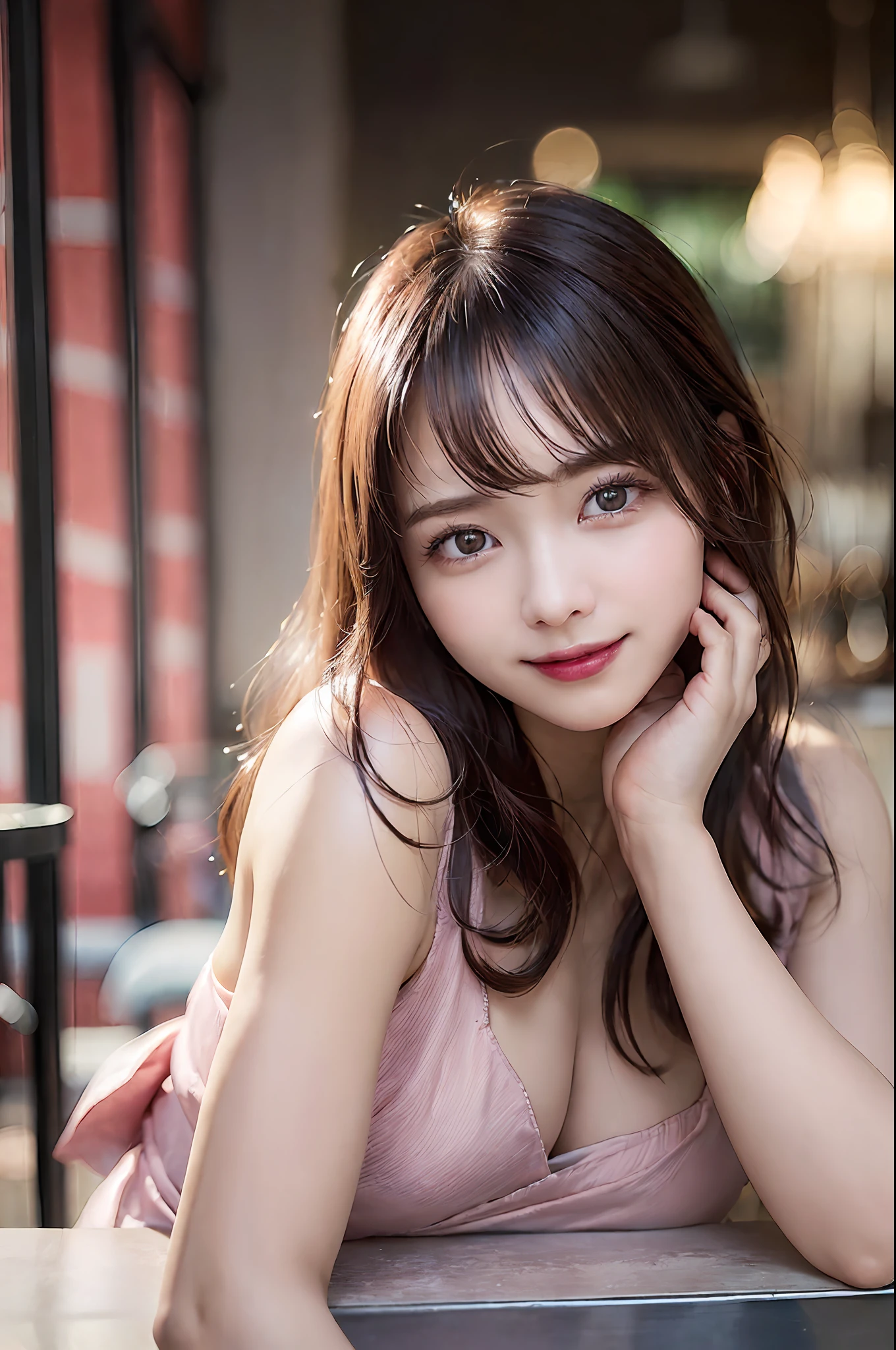 ((Realistic lighting、top-quality、2k、masterpiece:1.3))、Portrait of woman in pink dress with tear on head, Focus:1.2、Perfect figure:1.4、Slim abs:1.1、(Inside the bar、Night:1.1)、(Super fine face、A smile)、big eye、24