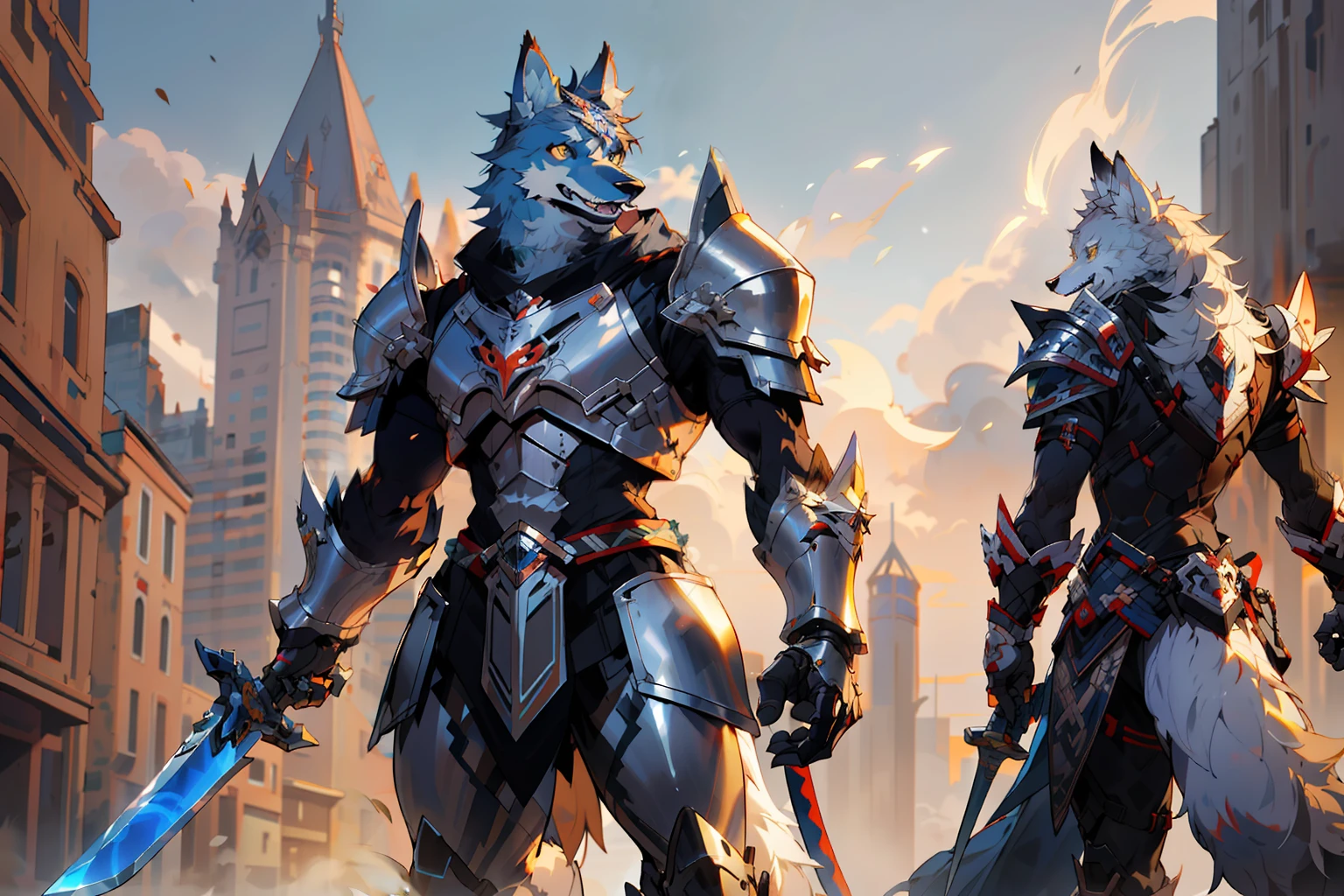 there are two characters in a city with a sword and a wolf, husky in shiny armor, wolf armor, good boy giant mecha wolf hound, heroes of the storm splash art, warwick saint, by Lisa Nankivil, riding a giant silver wolf, official splash art, kitsune inspired armor, heroes of the storm, from world of warcraft