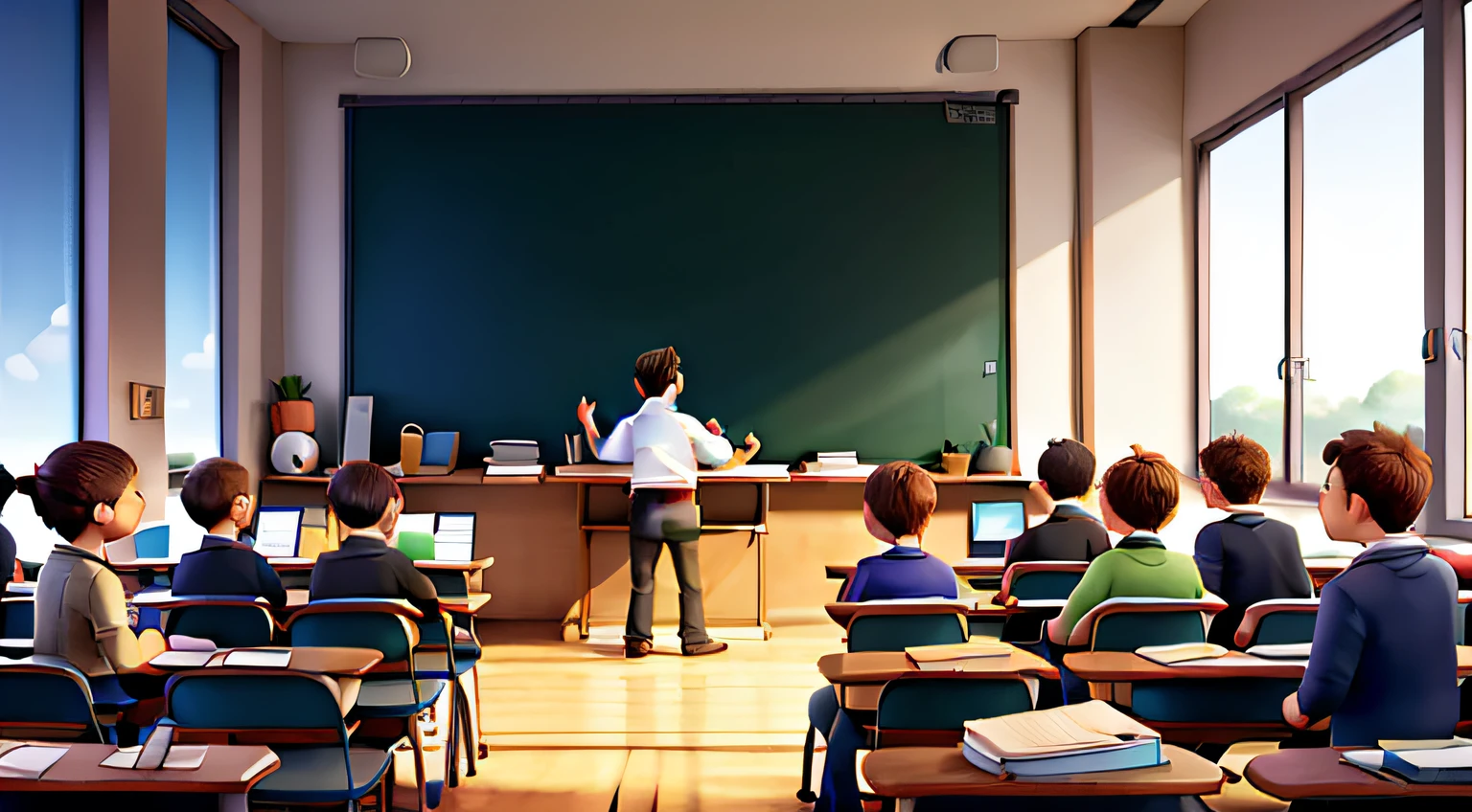 In front is a blackboard,There is a podium,desk,Below sat a group of students,Everyone has their backs to the camera,Faraway view,Cartoon,Flat painting style,No light or shadow