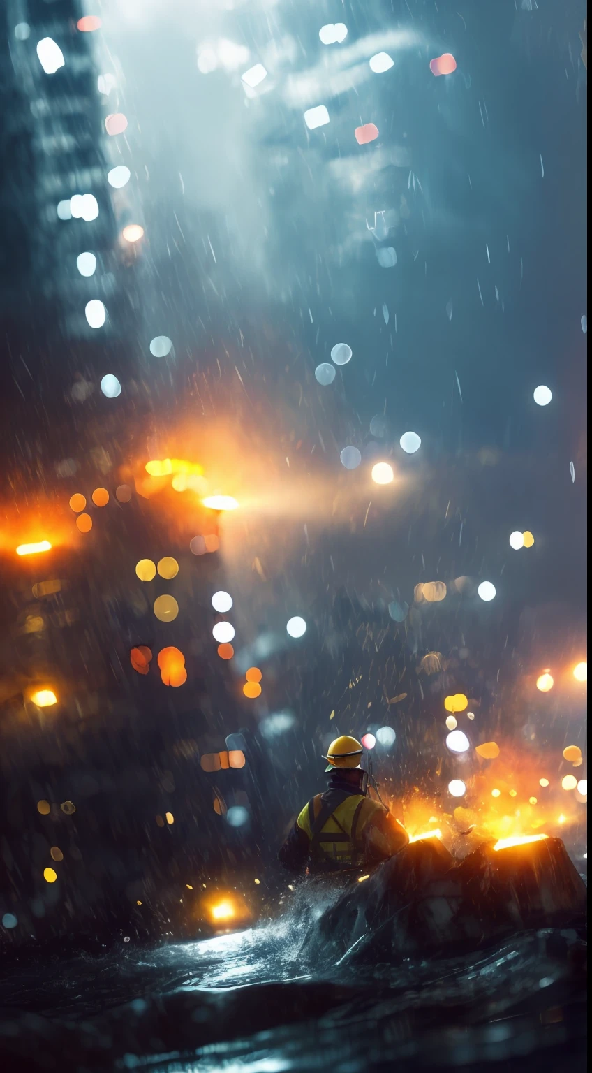 (Fearful:1.3) A firefighter, yellow hardhat，Yellow life jacket，life raft，From behind, In the ruins,floods，downpours，Save，Save， Bokeh, Light particles, Highly detailed painting,(dark hues:1.3),(Close portrait:1.3),thematic background