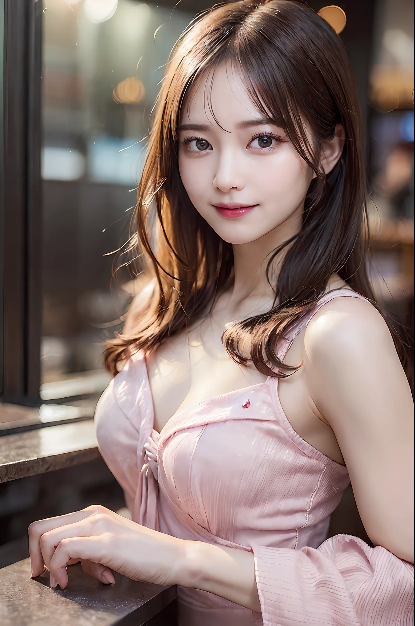 ((Realistic lighting、top-quality、2k、​masterpiece:1.3))、Portrait of woman in pink dress with tear on head, Focus:1.2、Perfect figure:1.4、Slim abs:1.1、(Inside the bar、Night:1.1)、(Super fine face、A smile)、big eye、24