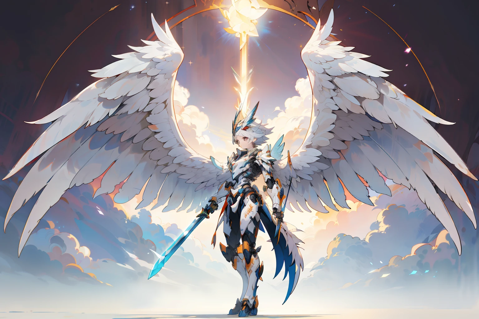 anime character with wings and sword standing in front of a star, angel knight girl, armor angle with wing, futuristic robot angel, 2. 5 d cgi anime fantasy artwork, style of duelyst, mecha wings, archangel, mystical valkyrie, beautiful cyborg angel girl, warrior of light, high detailed official artwork, winged archer, angel in plastic armor