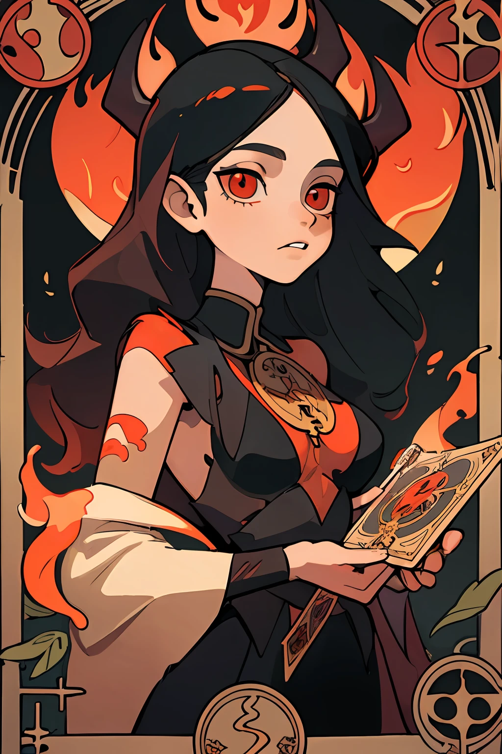(Best Quality, Masterpiece), 1Girl, Long hair, flame, leaves, Tarot cards, devil, Medium Tits