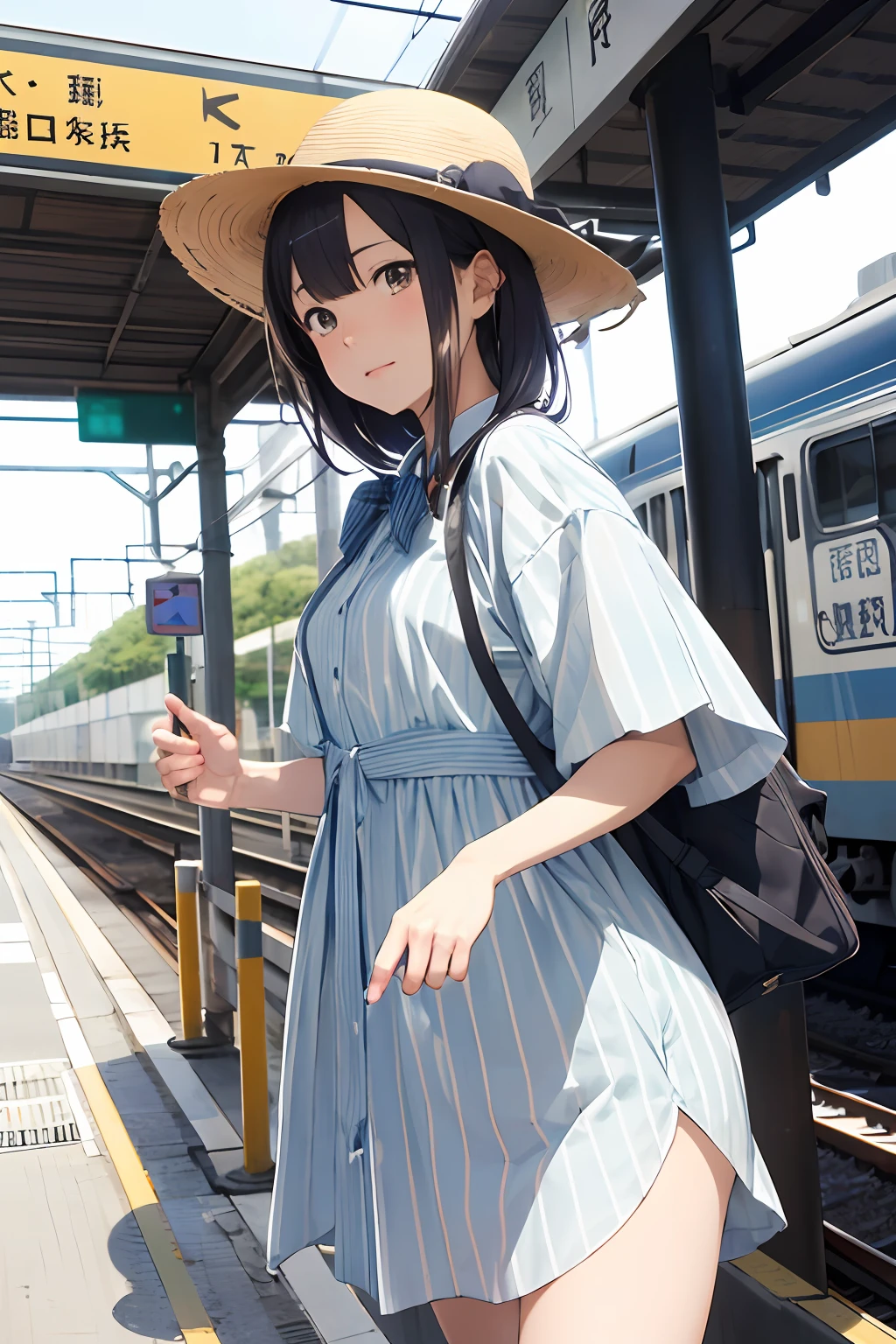 Anime girl in dress and hat waiting for train, by Kose Kanaoka, by Kobayashi Kiyochika, by Watanabe Kazan, by Yamagata Hiro, by Narashige Koide, by Shinoda Toko, by Kentaro Miura, by Yuki Ogura, by Fujishima Takeji