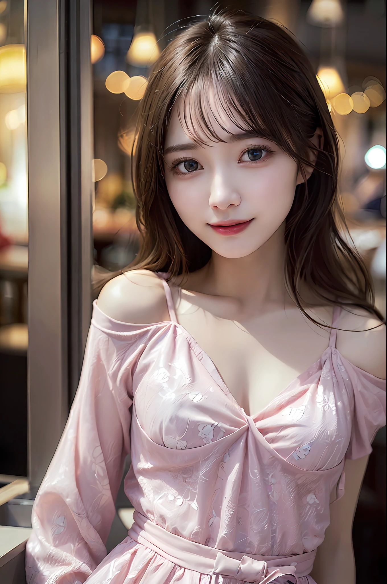 ((Realistic lighting、top-quality、2k、masterpiece:1.3))、Portrait of woman in pink dress with tear on head, Focus:1.2、Perfect figure:1.4、Slim abs:1.1、(Inside the bar、Night:1.1)、(Super fine face、A smile)、big eye、24