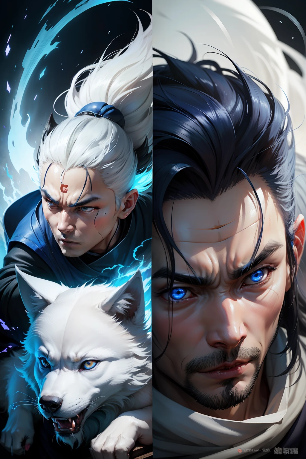 Jiro God，A blue light on the forehead，Third eye，Little white wolf, One face in one，Hair soars，Divine Blade, Fierce eyes,Growling dog,heroic figure, Top view, Cinematic light, , comic strip，surrealism,zhang daqian, Sekizawa style