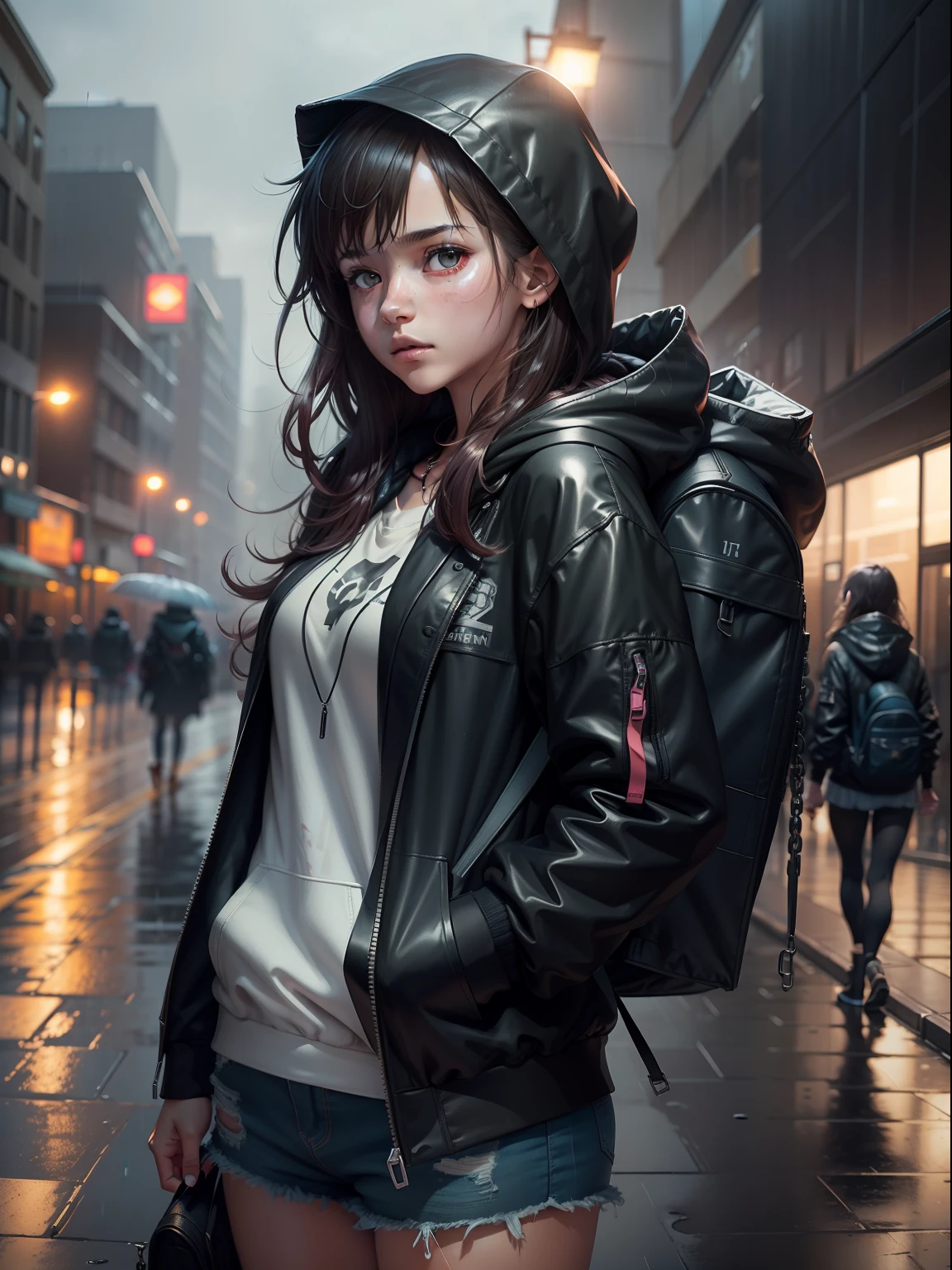 1girl, jacket, rain, outdoor, hoodie, open jacket, chain, backpack, looking at another, messy hair, trending on artstation, 8k resolution, highly detailed, anatomically correct, sharp image, digital painting, concept art, trending on pixiv, style of makoto shinkai,