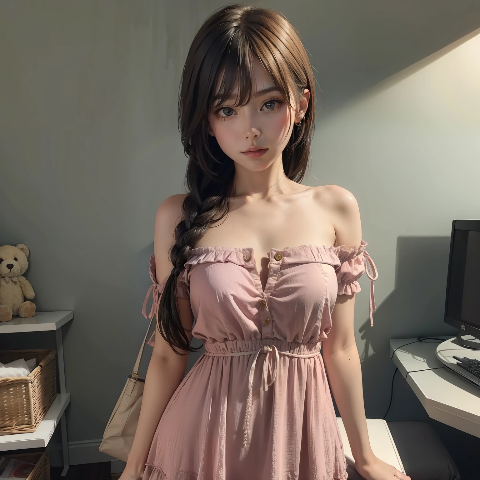 1girl, mini dress of shoulder