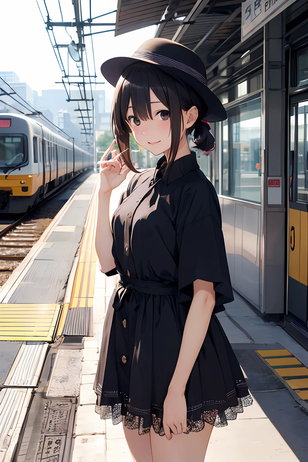 Anime girl in dress and hat waiting for train, by Kose Kanaoka, by Kobayashi Kiyochika, by Watanabe Kazan, by Yamagata Hiro, by Narashige Koide, by Shinoda Toko, by Kentaro Miura, by Yuki Ogura, by Fujishima Takeji