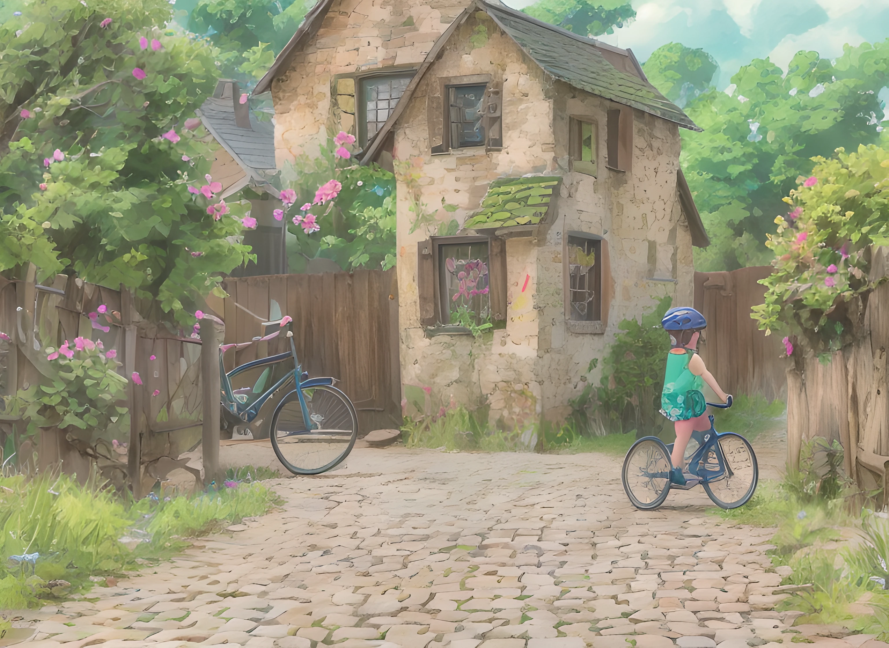 A kid riding a bike，Another girl is watching, based on child's drawing, a child's drawing, kids drawing, kids drawing, kids drawing, kids drawing, children's artwork, kids drawing, Children's drawing, hand-drawn animation, kids drawing, children's book drawing, kids fantasy drawing, Children\'s book drawing
