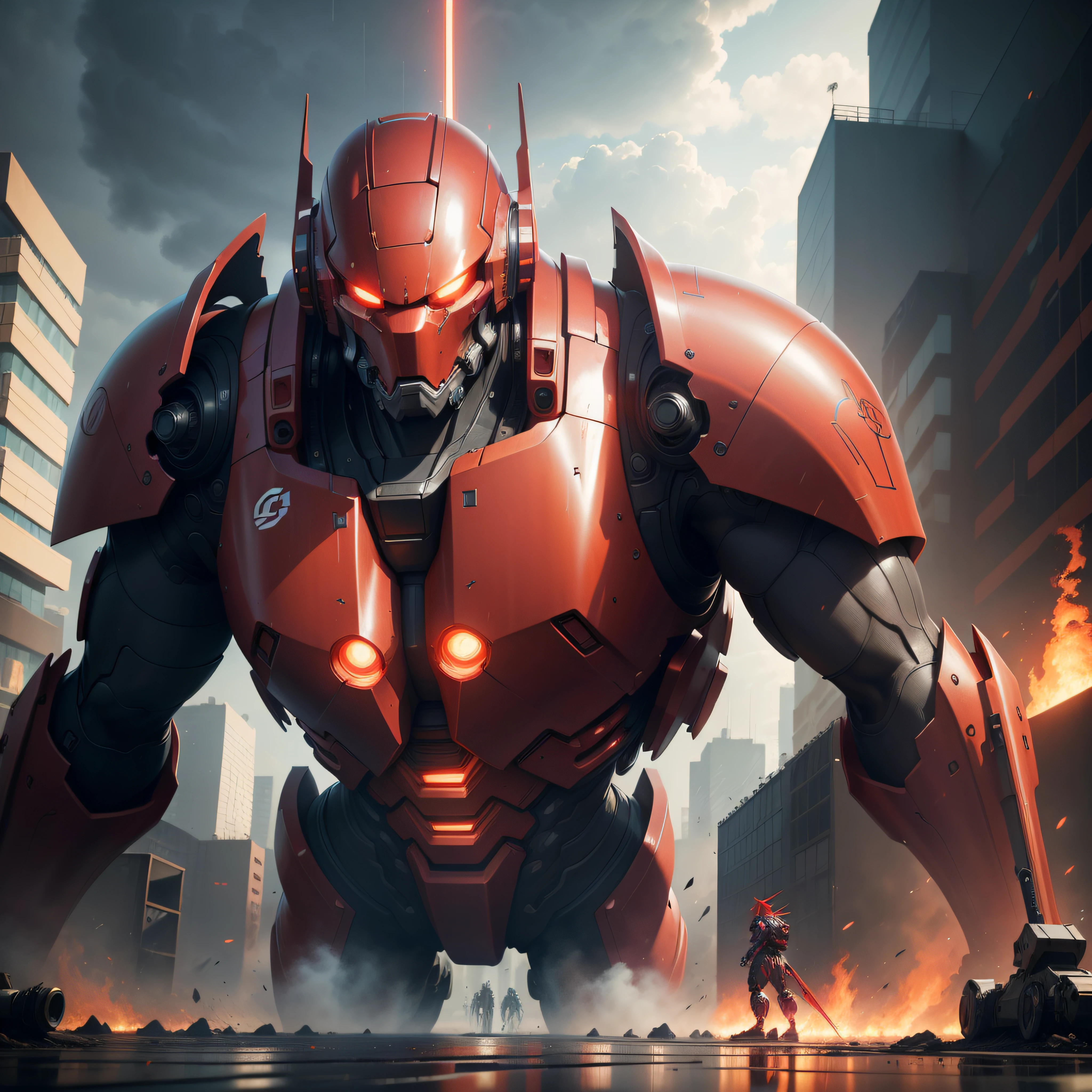 1 giant red robot, slick design cyberpunk, stunning gradient colors, stylized, ((battle pose, battle stance)) smoke, fire, raining
anime, masterpiece, best quality, (extremely detailed CG unity 8k wallpaper), (best quality), (best illustration), (best shadow), absurd res, realistic lighting, beautiful detailed glow
