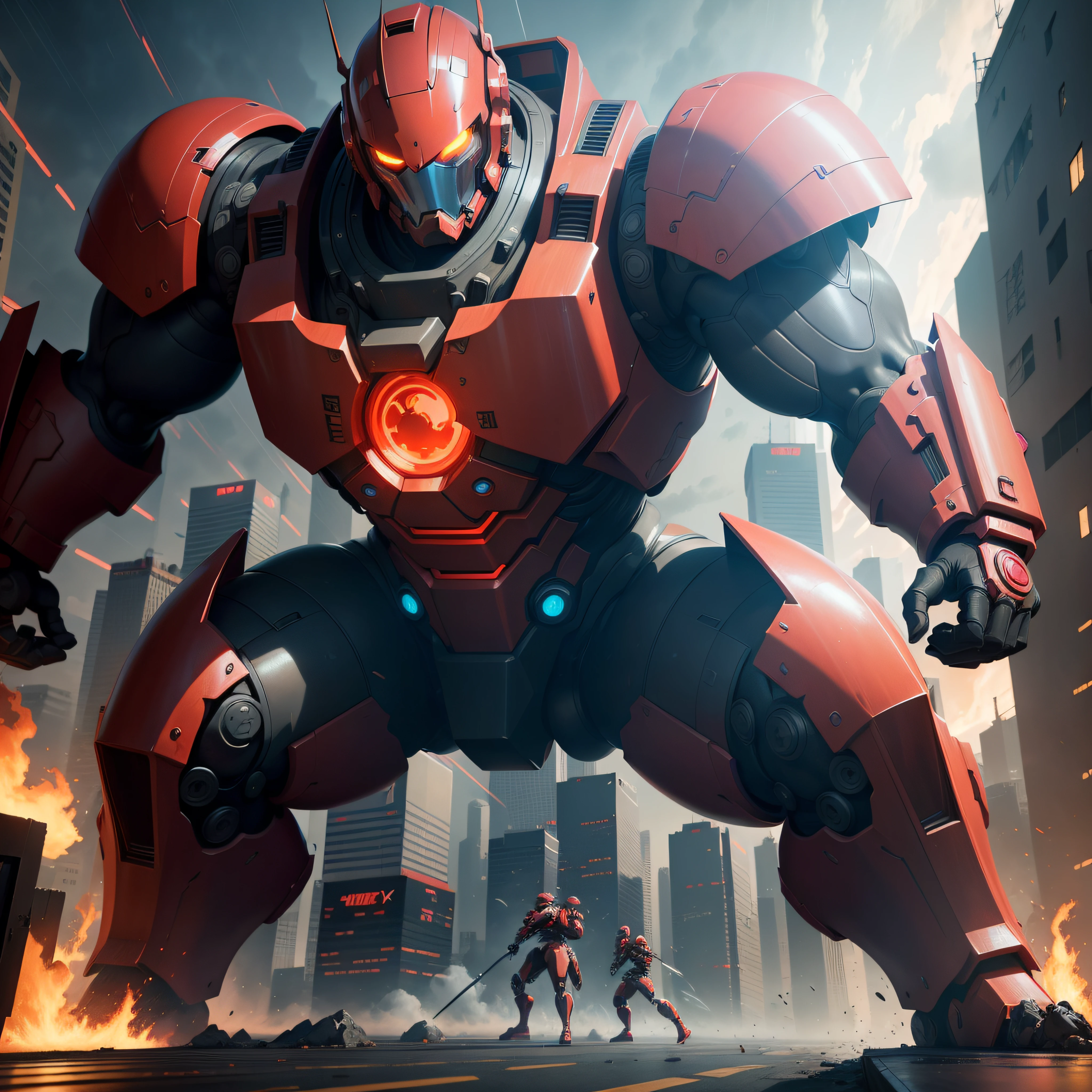 1 giant red robot, slick design cyberpunk, stunning gradient colors, stylized, ((battle pose, battle stance)) smoke, fire, raining
anime, masterpiece, best quality, (extremely detailed CG unity 8k wallpaper), (best quality), (best illustration), (best shadow), absurd res, realistic lighting, beautiful detailed glow