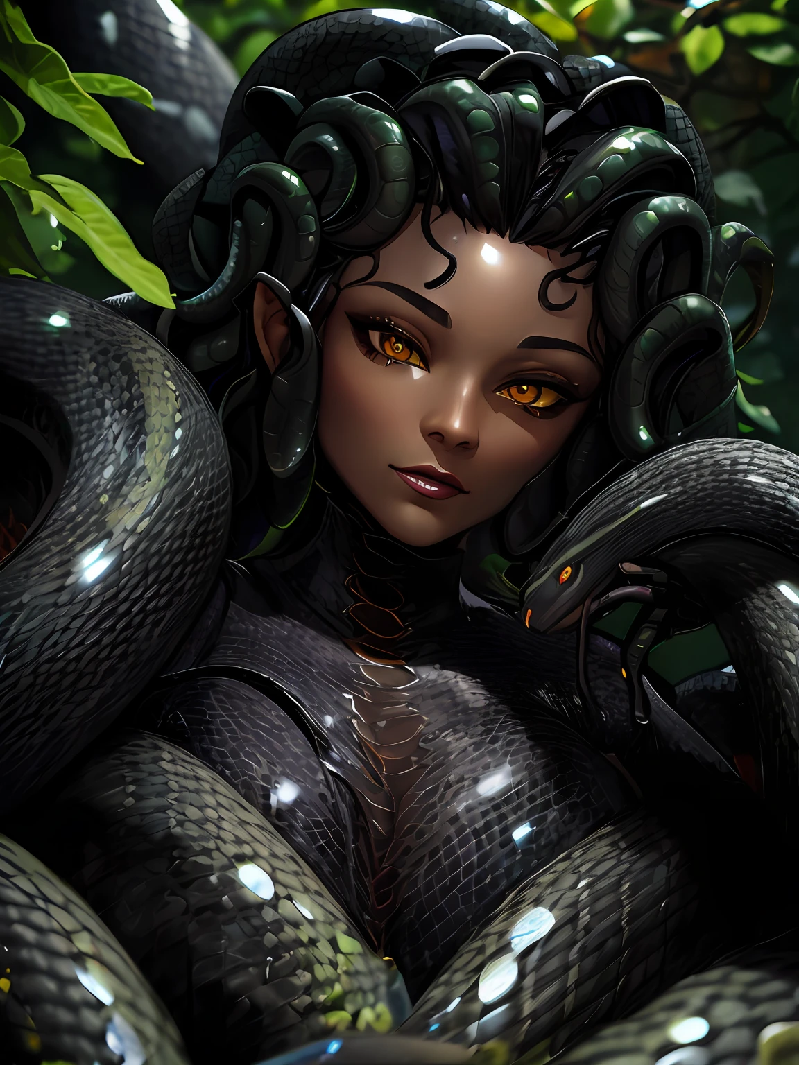 close-up portrait painting,medusa,serpent rubber bodysuit,intricate highly detailed black brown (serpent skin:1.2),outdoors background,