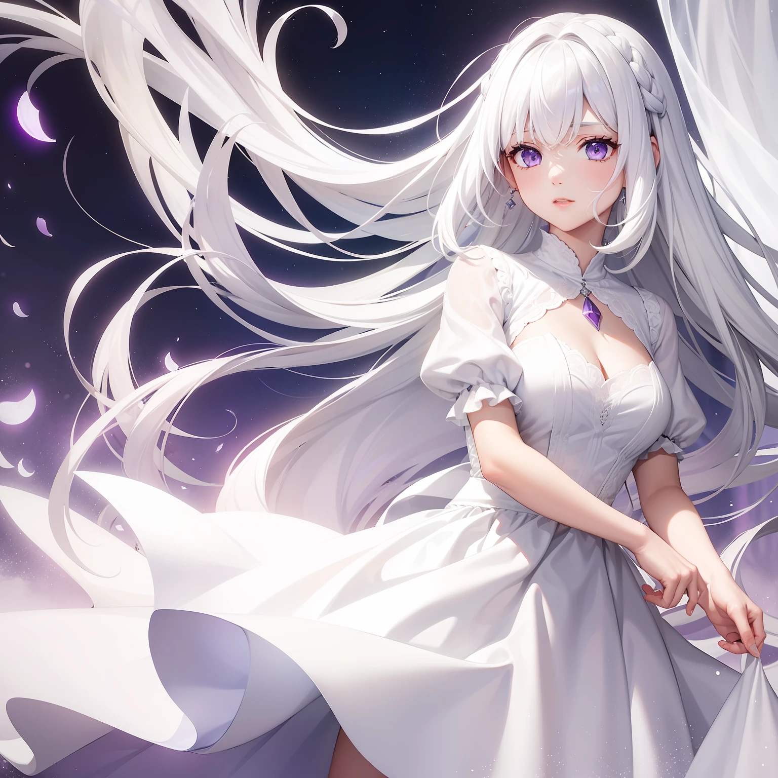 a women, white hair, purple eyes, white dress