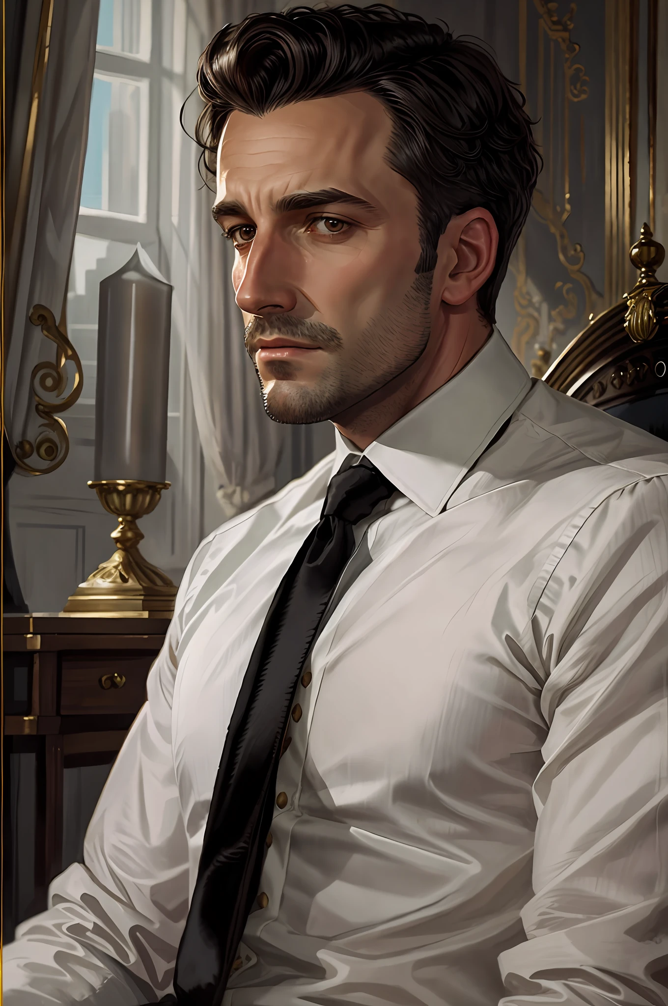 backlit portrait，The figure behind the light source，Black vest，arafed man in a white shirt and black tie sitting in a chair, aged 40，epic and classy portrait, cinematic bust portrait, inspired by Vincent Lefevre, Character art portrait, steampunk male portrait, detailed character portrait, diego dayer, A portrait of the character, high quality portrait, Detailed portrait, style of dragan bibin, Inspired by Frank Xavier Linedecker
