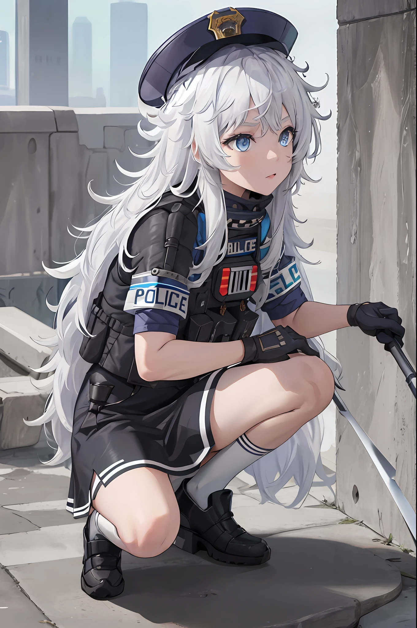 masterpiece, best quality, highres, 1girl, solo, long hair, hat, blue eyes, white hair, messy hair, black gloves, white socks, police uniform, black skirt, short sleeves, cowboy shot, holding weapon, rifie, squatting,