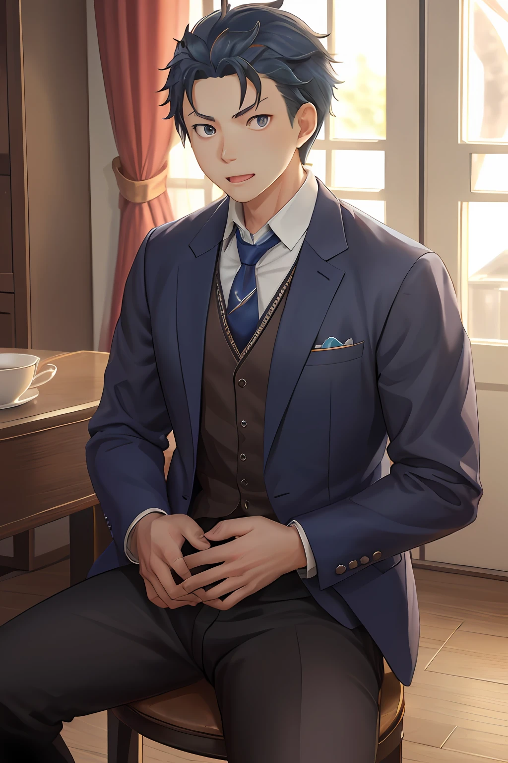 (1 Adult male),A high resolution, Sharp focus, Pixiv masterpiece, ((Complicated details)), highly detailed, natsuki_subaru, 1 man, with her mouth open,full bodyesbian,sit astride, blue colored eyes(eyes glowing), blue short hair,white shirt,Wear a tie,Wear a belt,perspire,look from down