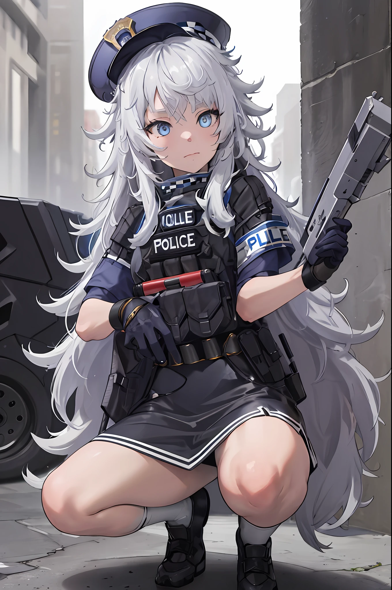 masterpiece, best quality, highres, 1girl, solo, long hair, hat, blue eyes, white hair, messy hair, black gloves, white socks, police uniform, black skirt, short sleeves, cowboy shot, holding weapon, rifie, squatting,