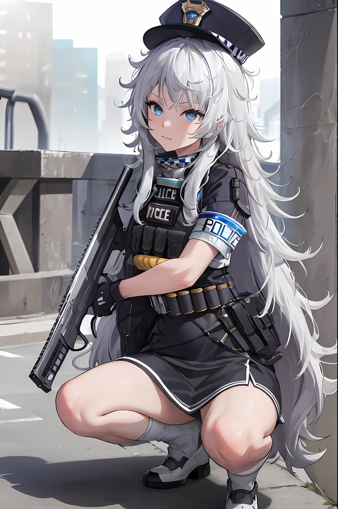 masterpiece, best quality, highres, 1girl, solo, long hair, hat, blue eyes, white hair, messy hair, black gloves, white socks, police uniform, black skirt, short sleeves, cowboy shot, holding weapon, rifie, squatting,