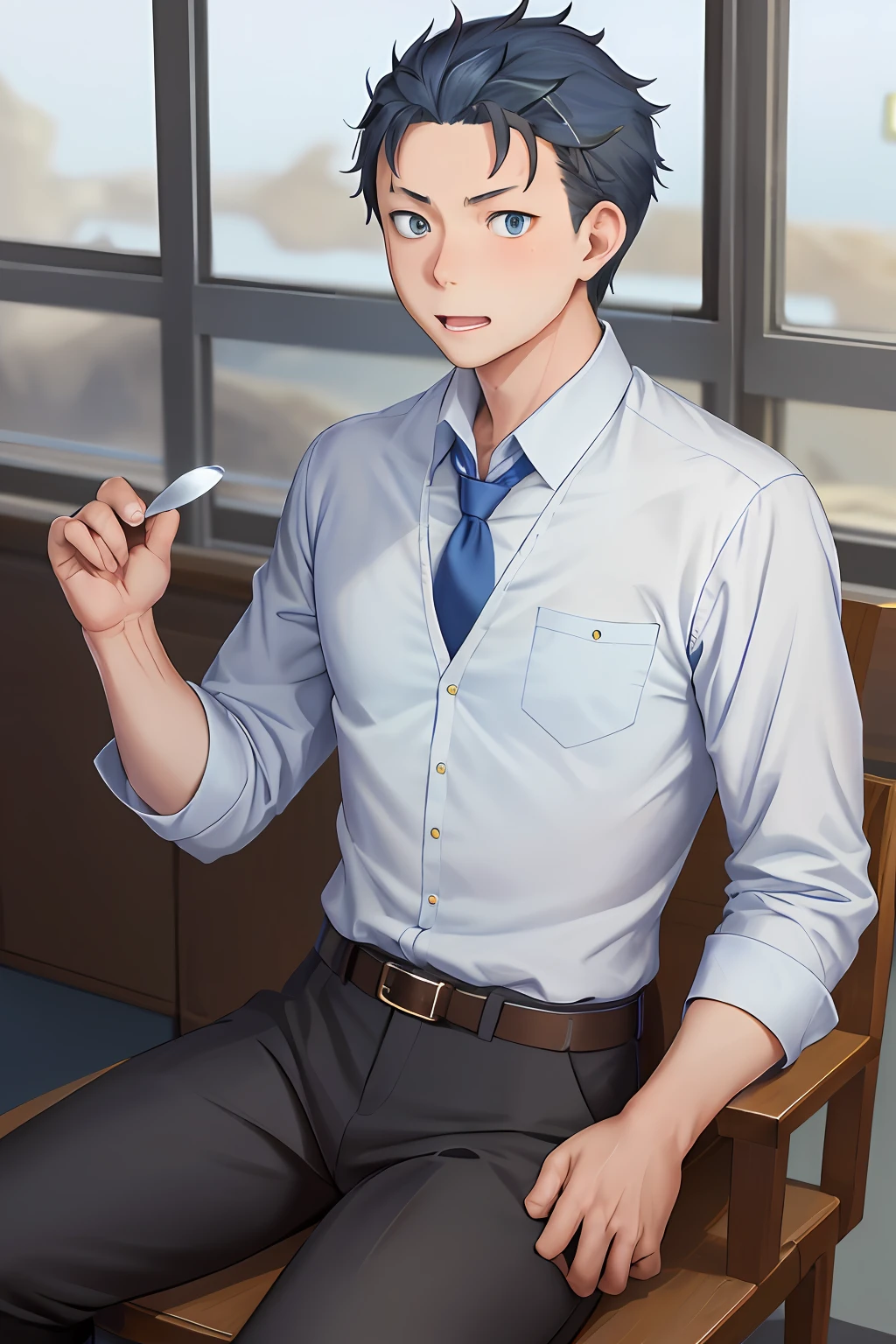 (1 Adult male),A high resolution, Sharp focus, Pixiv masterpiece, ((Complicated details)), highly detailed, natsuki_subaru, 1 man, with her mouth open,full bodyesbian,sit astride, blue colored eyes(eyes glowing), blue short hair,white shirt,Wear a tie,Wear a belt,perspire,look from down