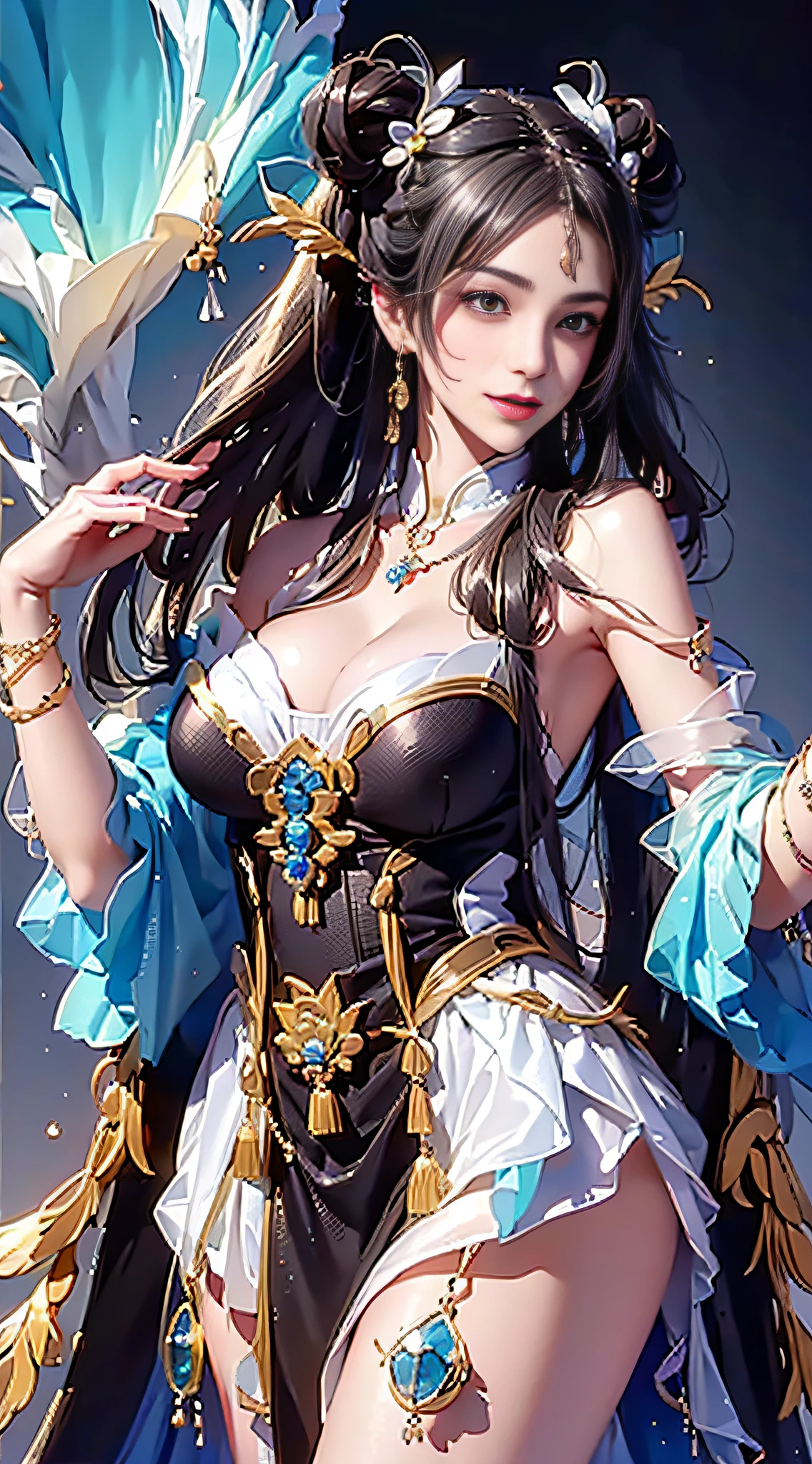 Dreamy and beautiful background, strong layering, Sable Cicada in Glory of Kings is a beautiful and enchanting character, her physical features are as follows: Long hair: Sable cicada hair is usually long black or dark red hair, shawl down, sometimes combed into different hairstyles, common with double ponytails tied up on both sides or scattered on the shoulders. Eyes: She has large, bright eyes, usually in a flexible semi-curved shape, with deep black or brown eyes. Eyebrows: Sable cicadas' eyebrows are slender and elegant, and may be painted with some detailed eyebrow makeup to make the entire face more three-dimensional and delicate. Face: Her face shape is usually slender and soft oval, with fair and smooth skin and delicate makeup. Her facial features are well-distributed, her forehead is broad, her nose is straight, and her lips are plump. Clothing: Sable cicadas like to wear fancy costumes, often choosing clothes inspired by ancient Chinese court costumes. Common clothing features include robes, belts, and intricately detailed embroidery. In terms of color, she often wears red, purple or gold clothing to show her dignity and enchantment. Accessories: Sable usually wears some gorgeous accessories to add to her style, such as headdresses, earrings, necklaces, and bracelets. These jewelry are usually made of metal and set with gemstones or pearls to make her shine. Overall, the physical features of the mink cicada show her magnificence and mystery, through the meticulous depiction of these features