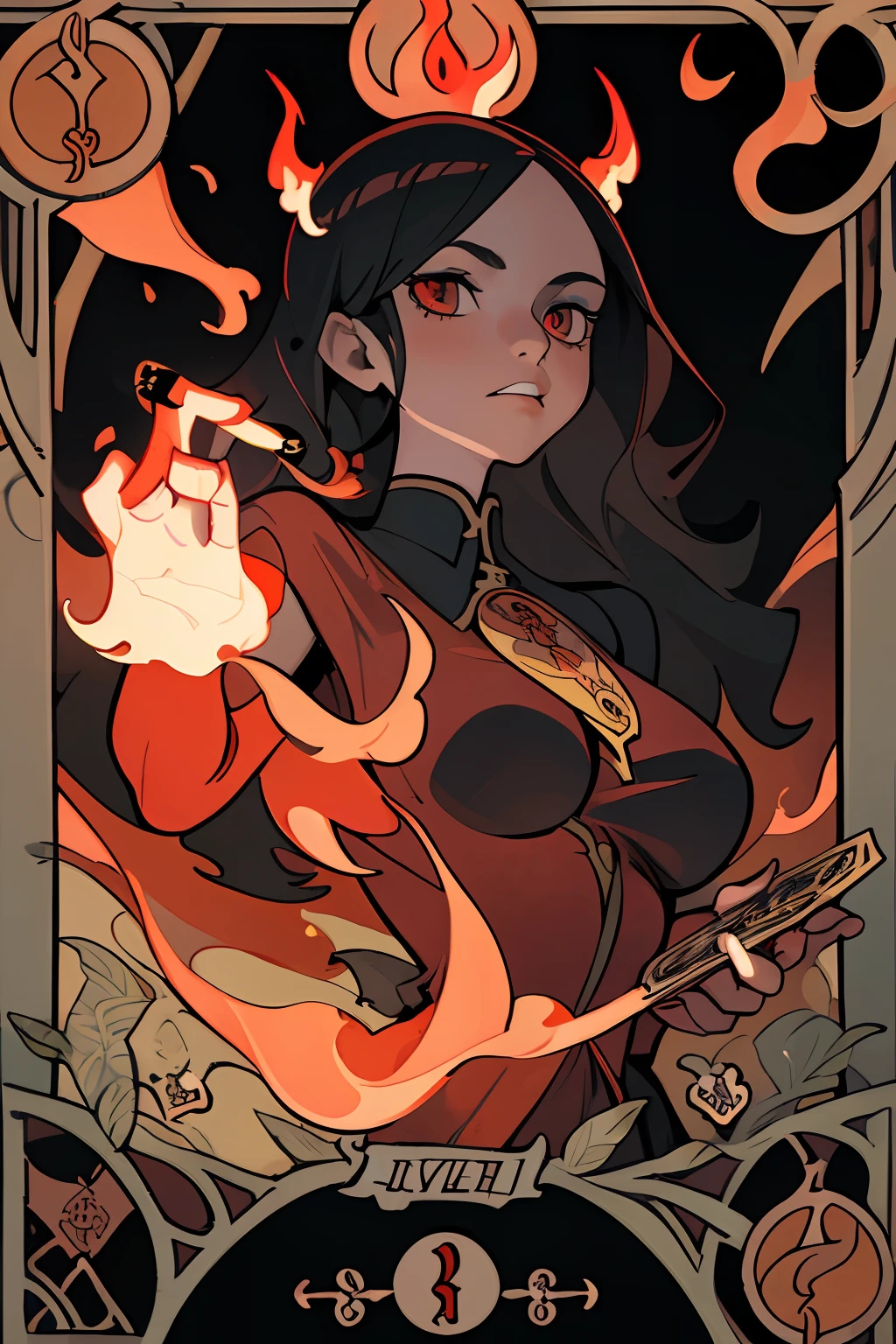 (Best Quality, Masterpiece), 1Girl, Long hair, flame, leaves, Tarot cards, devil, Medium Tits