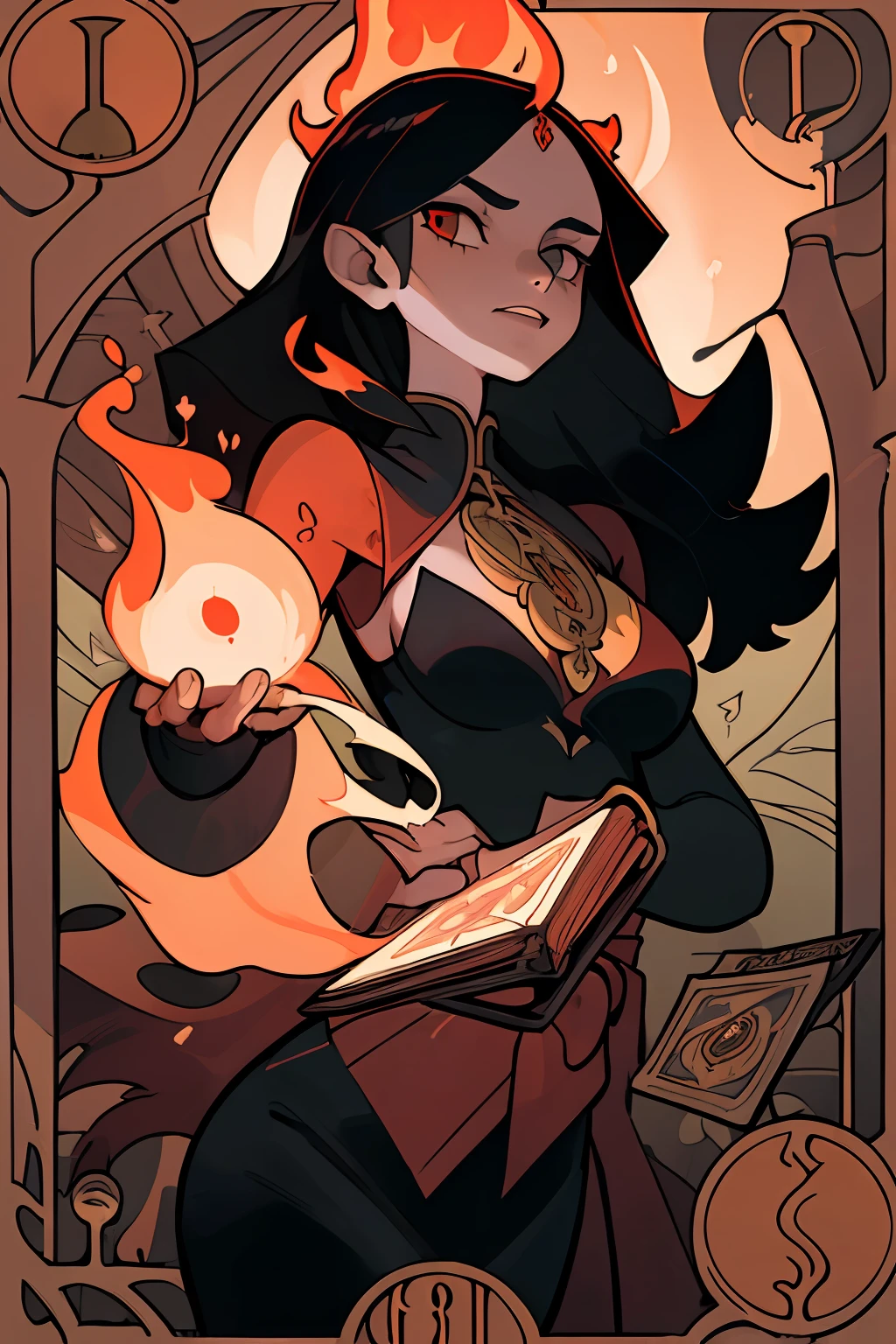 (Best Quality, Masterpiece), 1Girl, Long hair, flame, leaves, Tarot cards, devil, Medium Tits, Woman holding a magic book