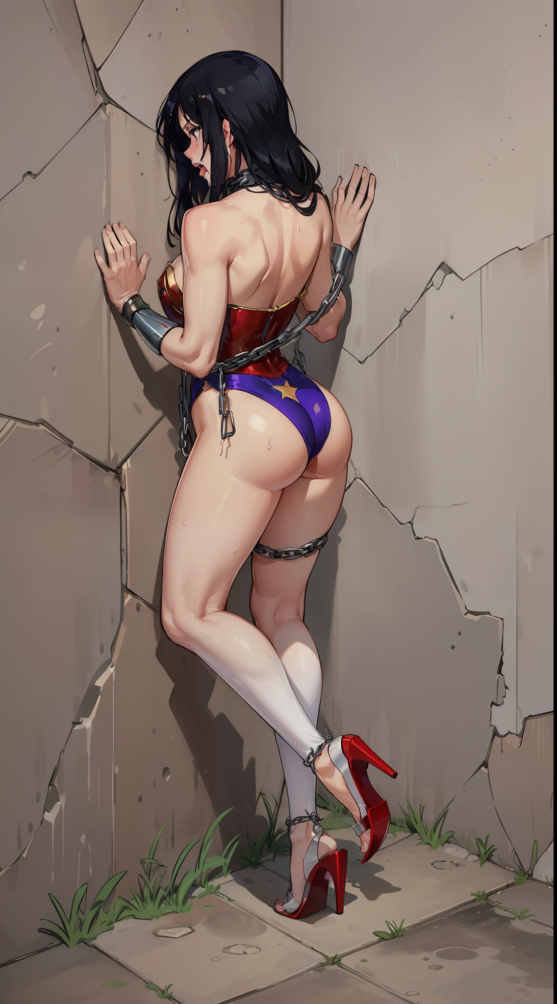 (( Em um castelo masmorras)) (( she is danced ballet)) (( His shorts are tattered, Your blouse is tattered, Your mesh is tattered, his uniform is tattered, seu traje esta esfarrapado, your clothes are tattered, his pantyhose are shredded and with holes)) sem calcinha, no-bra. WONDER WOMAN SUPERHEROINE . She's sweaty all over her body. (( Back view )) Crescer, ela tem 30 anos. She's screaming in terror, She's terrified, She's crying a lot. Ela tem cabelos pretos, ela tem cabelos compridos. ((She's leaning against a corner of the wall, enrolado )). She wore a suspension belt and Fishnet Footless pantyhose and maid's lace line. Capturado, Sequestrado, abandonado, Torturado, escravizado, envergonhado. ((His hands are attached to the wall by handcuffs with thick chains. His ankles are tied to the ground by handcuffs with thick chains)). She screams and begs for mercy, Ela cai no choro. The ropes run down the middle over her back through her married sleeve swimsuit to tie her legs just above her knees and ankles. Wearing a thick metal necklace around the neck with a chain. Forced into prostitution. ( your clothes are wet, your pubis is swollen ) (Sua urina corre pelas pernas dela, dripping on the floor. (( She's wearing painful slave heels.)). She's all scratched. Areola of the protruding breasts.