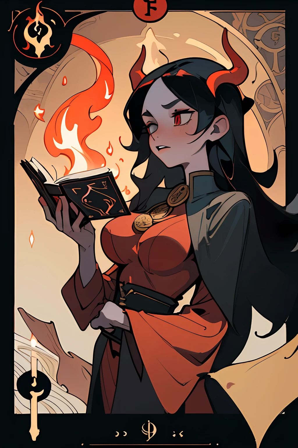 (Best Quality, Masterpiece), 1Girl, Long hair, flame, leaves, Tarot cards, devil, Medium Tits, Woman holding a magic book