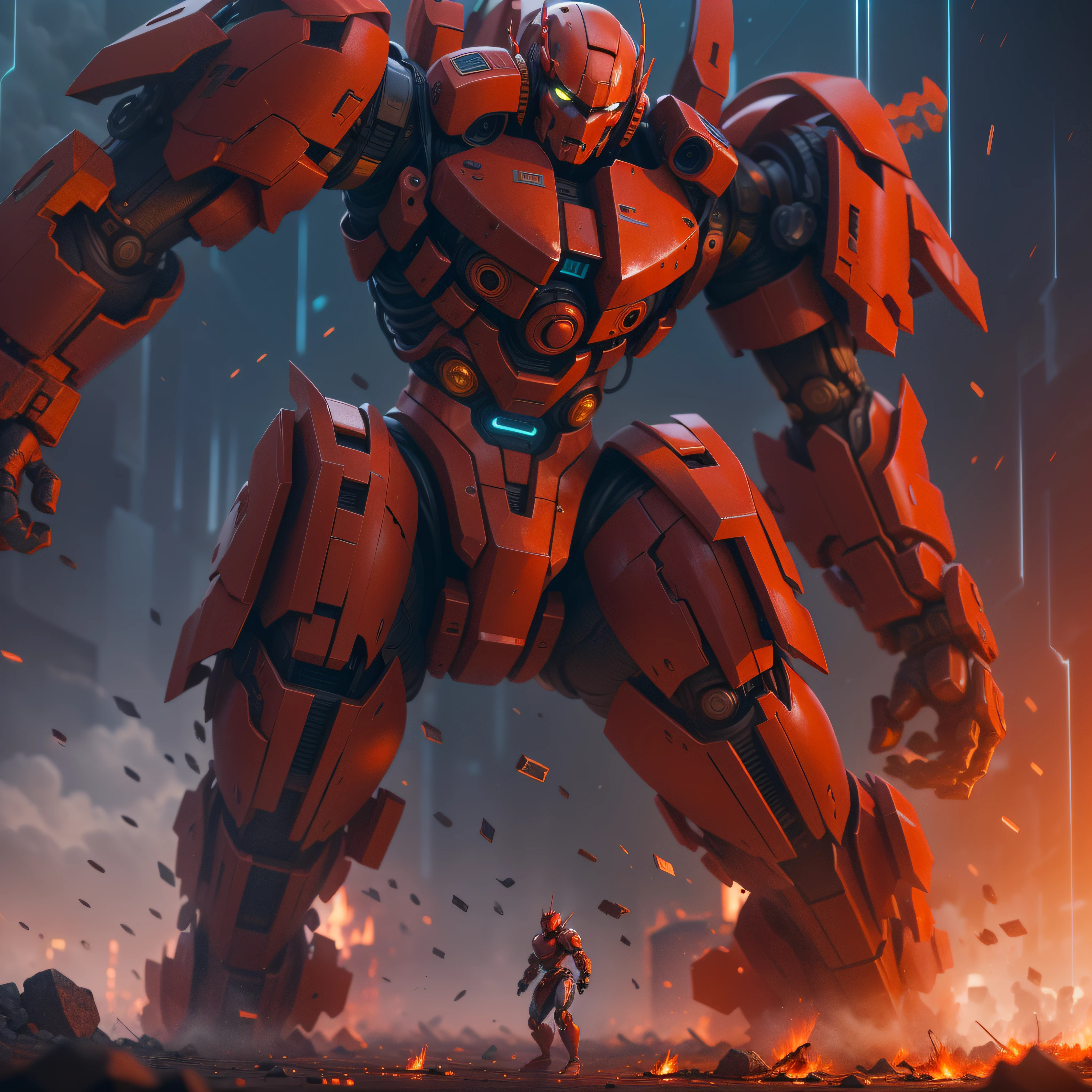 1 giant red robot, slick design  cyberpunk, stunning gradient colors, stylized, ((battle pose, battle stance)) smoke, fire, raining
anime, masterpiece, best quality,   (extremely detailed CG unity 8k wallpaper), (best quality), (best illustration), (best shadow), absurd res, realistic lighting, beautiful detailed glow