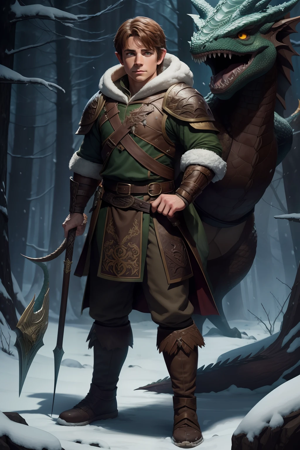 there is athletic male ranger standing beside his dragon, snow covered forest, wearing a hooded cloak, fantasy style dragon, how to train a dragon, highly detailed exquisite fanart, d&d character, d & d style full body portrait, portrait of a halfling ranger, commission for high res