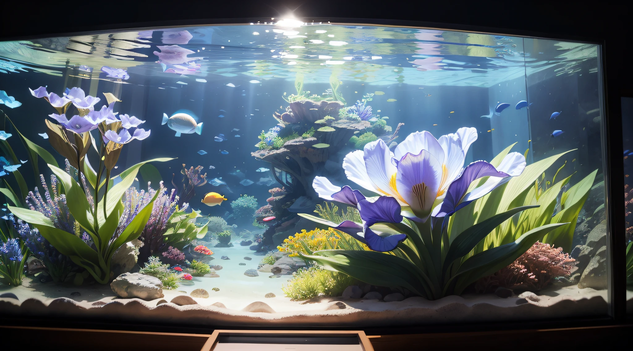 Giant aquarium in an aquarium、Flower irises everywhere at the bottom of the aquarium、top-quality、in 8K、masterpiece、a picture、Photorealsitic、Raw photography、top-quality、high-detail、真实感、photos realistic、Professional color correction --auto