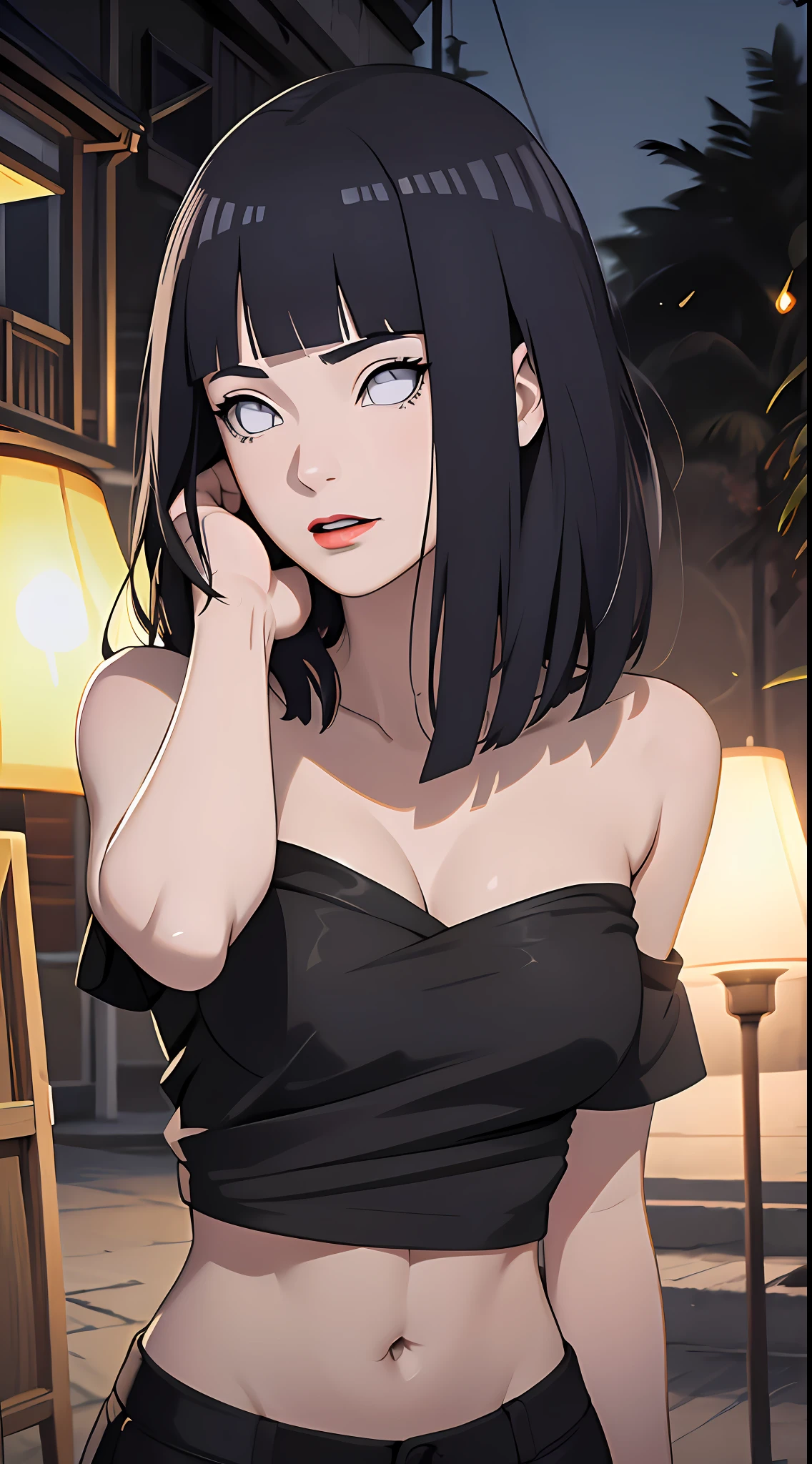 tmasterpiece, Johnny Depp walks across the beach at night among fireflies，brassier，sea beach，nigth, (high detal:1 1), Rough face, Natural skin, high qulity, NSFW,Naruto，Hinata，Black color hair，Straight hair，upperbody closeup，White eyes，Black pants，（Large breasts:1.1），(Skinny figure:1.4)，(Red lips:1.3)，（Off-the-shoulder attire:1.5），(比基尼:1.5)，（ssmile:1.5），(Be red in the face:1.4)，（cleavage:1.4），Purple clothes，beautidful eyes, (Detailed face and eyes), (the face: 1 2), noises,Extra, real photograph, ................................PSD, Lamp film photography, sharp fokus, contrasty lighting, Delicate skin, High resolution 8K, insanely details, realisticlying, professional photoshooting, 8K  UHD, SLR camera, softlighting, high high quality, filmgrain, Fujifilm XT3，Keep one's mouth shut，particle fx