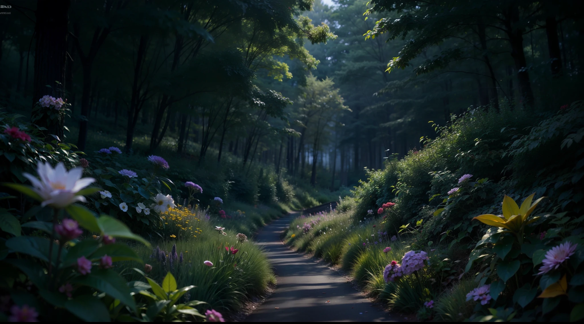 In the dark and mysterious forest、rivulets、Mysterious flower、mystical、magia、Very realistic, Photography, One-person viewpoint, Super Detail, high detailing, High quality, in 8K