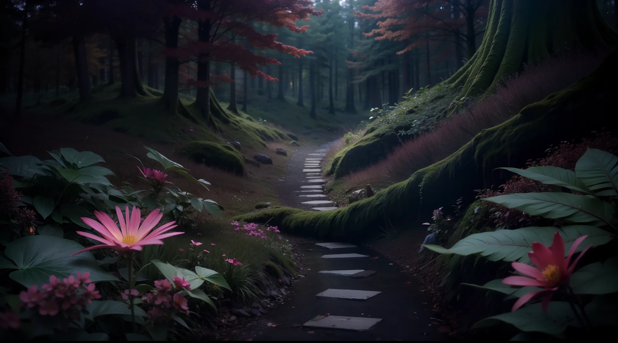 In the dark and mysterious forest、rivulets、Mysterious flower、mystical、magia、Very realistic, Photography, One-person viewpoint, Super Detail, high detailing, High quality, in 8K