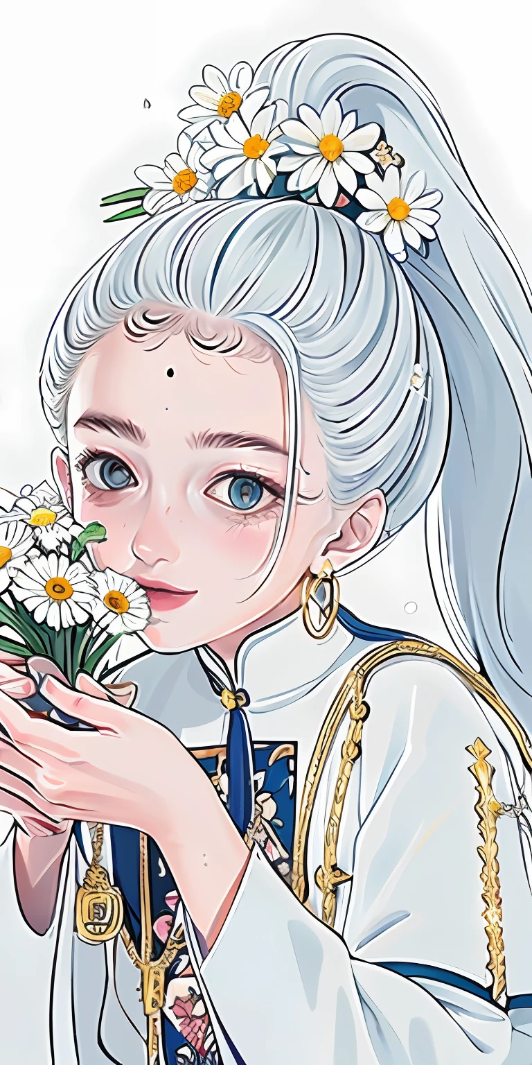 Need,tmasterpiece,whaite hair,Manteau blanc,ssmile，adolable，white color hair，Gold earrings，glitters，The whole body is like a miniature little person，full bodyesbian,Hairline,Fair skin,High ponytail，，blue color eyes，fresh flowers，Lateral face，A cat in his hand，Lilliput，Q version