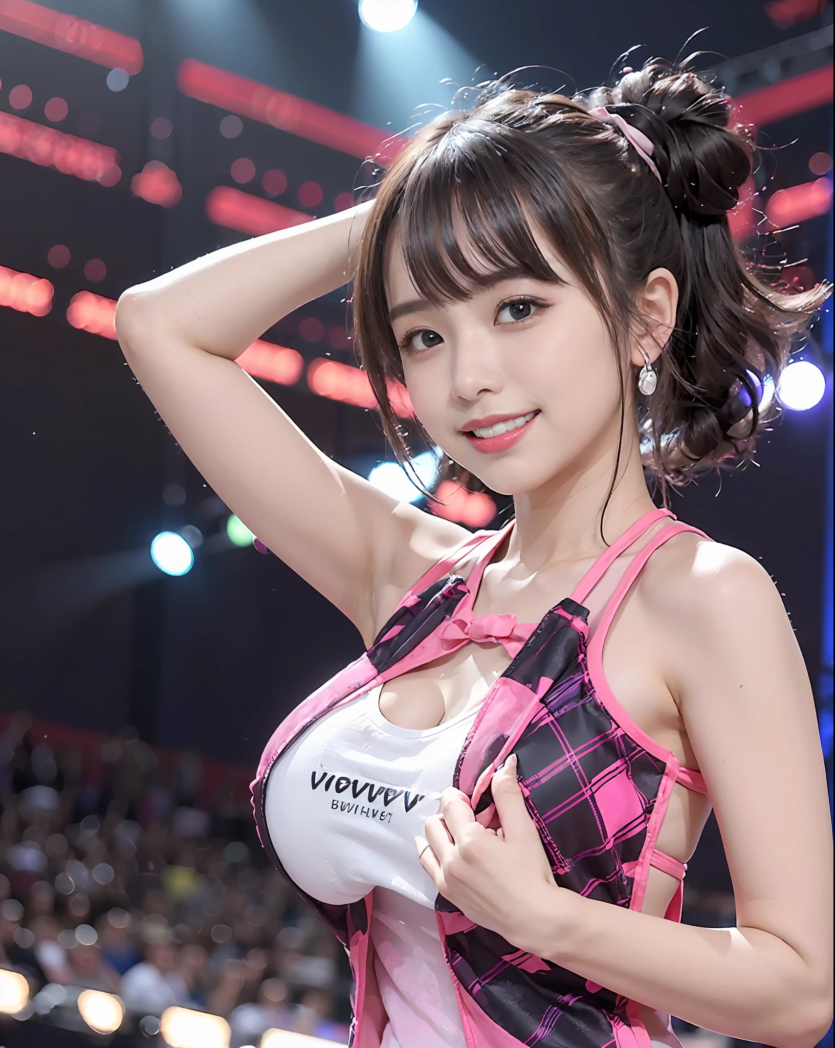 (The background is the stage of the idol:1.5), (Photo of an idol of a Japan girl smiling affectionately:2.0), (Photos of her from head to chest:2.0), Bold angles、Dynamic angles、(look at viewr:2.0), (8K, Raw photo, a award winning photo of a beautiful, 超A high resolution:1.5), Sigma Lens 50mm f1.8, Shutter Speed 1/2000, One Japan Idol, Cute, 3D, (Big breasts:1.3), (Accurate depiction of the clavicle:1.0) ,  (look at viewr:2.0),  (Sweet smile:1.5), (Her eyes are squinting affectionately:1.5), (Her lacrimal sac is affectionately bulging:1.5), (the corners of the eyes rise affectionately:1.0), (zora々Glowing skin:0.5),  (Shining eyes:1.5),  (Shiny hair:1.2),  (Beautiful shiny lips:1.5),  (Wearing a tank top with a wide chest opening:2.0), (Backgrounds with a variety of beautiful elements:1.5),  (Detailed backgrounds:1.5), Her stage is、It is a huge dome-shaped venue of the future decorated with a large screen and colorful lighting。On the screen、Idol name or song name、The fan message is、Projected using high-tech laser and hologram technology.。Lighting is、Change colors and shapes to match the tempo and mood of the song.。At the venue、About 100,000 fans packed.、Penlight and Fan、We support idols with towels.。Fans sing along with their idols、Shouting、hands clapped。
Idol is、She was a very pretty girl.、One of the top idols of Japan。She、She wears a cute outfit with white leggings and pink ribbon in a white and pink plaid dress.。This costume is、It was designed by idle professional designers.、With cuteness、We make her a solid fashion leader。Hairstyles and accessories too、Together with the costume、Designed by professional designers。While she was holding the microphone、Sing bright and catchy pop songs.、The dance is also light and sharp..。His facial expression appeals to fans with a smile, Wink and kiss.。They、time々Dance lightly and move around the stage、Interacting with fans.。