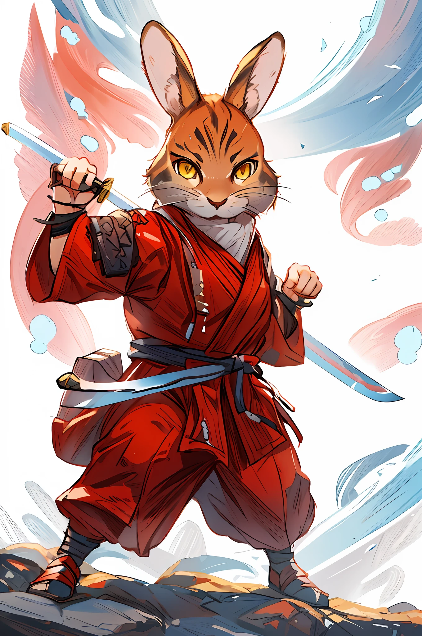 arafed rabbit dressed in a red outfit holding a sword, rabbit warrior, rabbt_character, wojtek fus, unreal engine character art, fighting game character, tabaxi monk, trending on artstation 4k, anthropomorphic cat ninja, 3 d render character art 8 k, cgsociety uhd 4k highly detailed