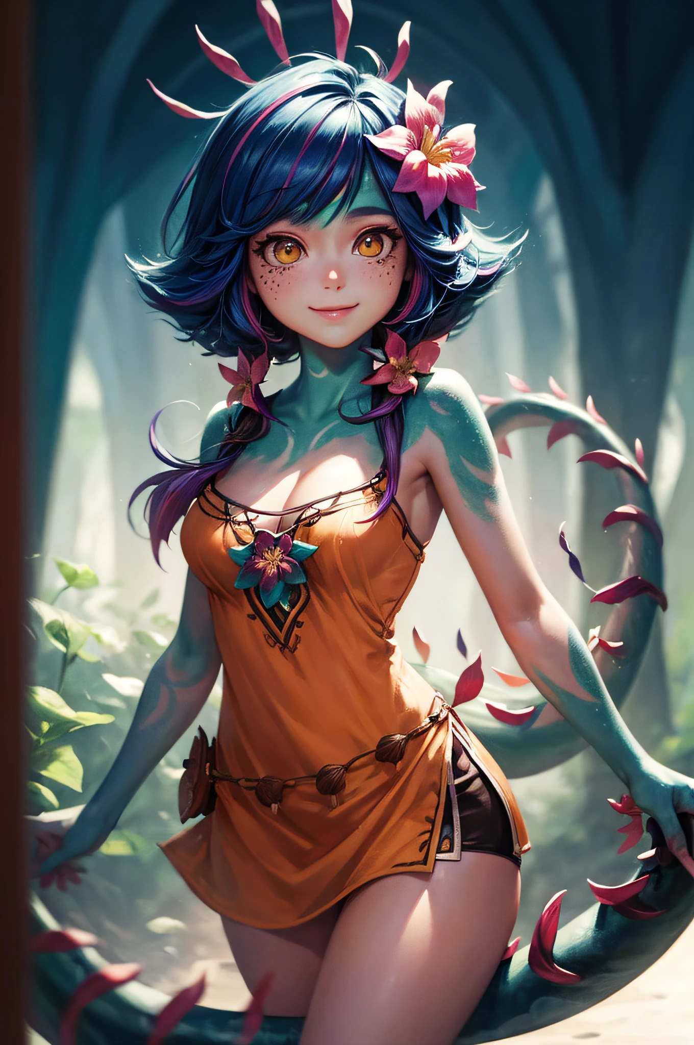 masterpiece,(best quality,top quality,8k),(waterpaint,illustration,painting),detailed eyes and face,neeko wearing white dress , hair ornaments , hair flower , brown shorts , lizard tail , facial marks , pretty girl, beauty skin, ultra high res, raw photo , medium boobs , ultra detailed , detailed body , detailed eyes and face , (looking at viewer , softly smiling) ,((puffy eyes)), ,good contrast , high sharpness,(gorgeous),realistic,RAW Photography,(hyperdetailed:1.2)