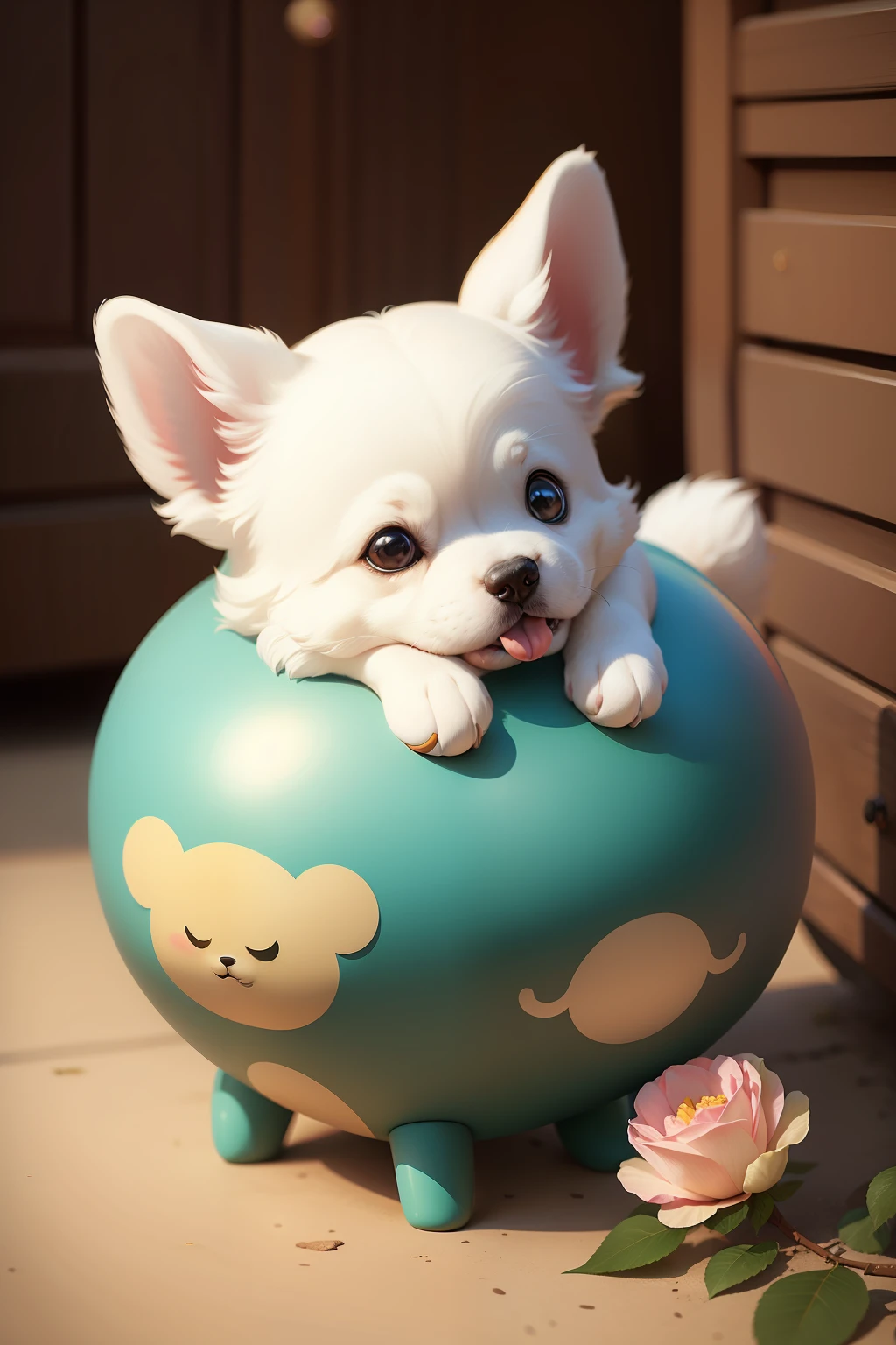 Cartoon dog，largeeyes，Rounded，There are lychee roses，adolable，Stick out your tongue