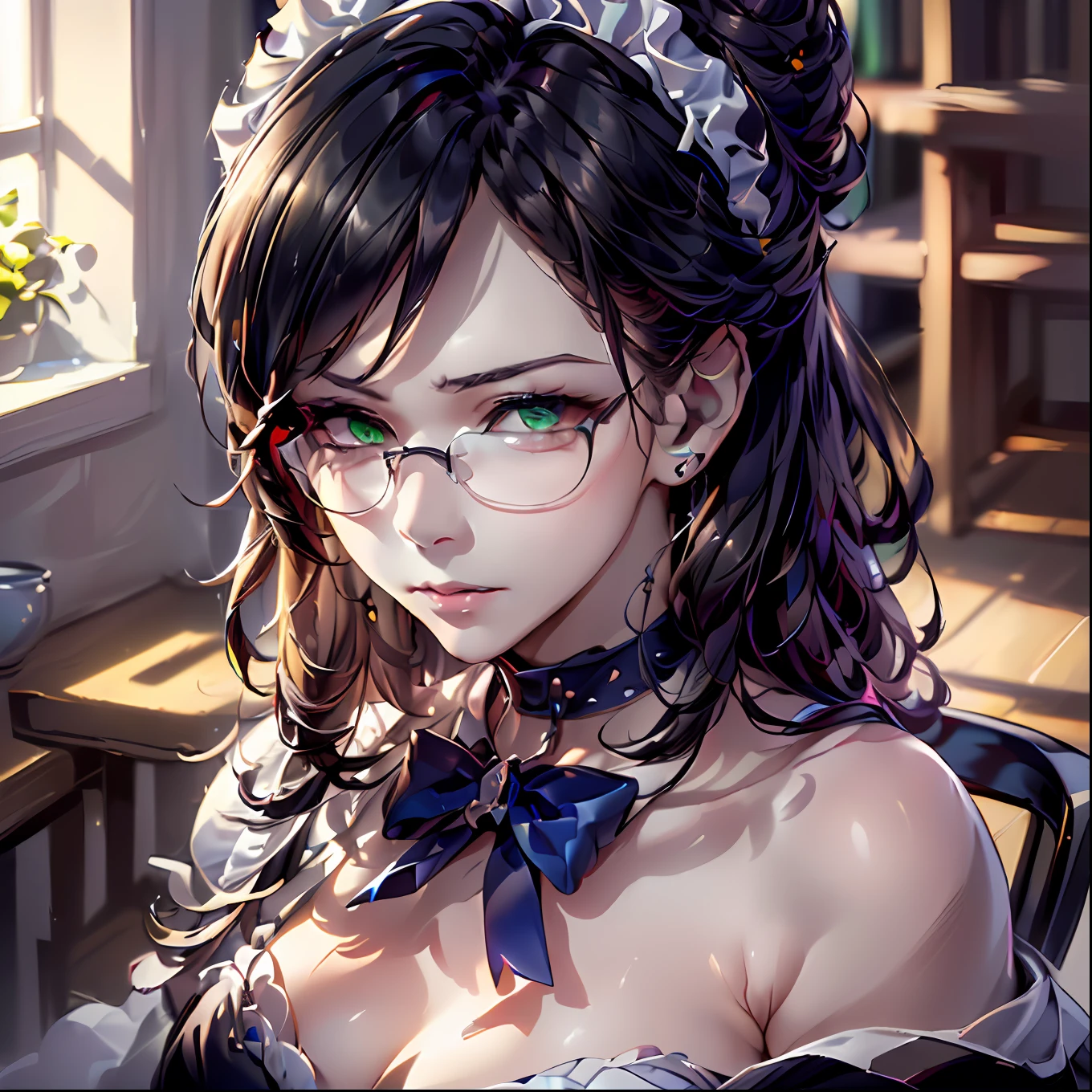 (64k, RAW photo, highres, best quality, masterpiece:2.0), (ultra-fine depiction of the detail:2.0), (realistic, beautiful, photo-realistic:1.3), 1girl, (yuri alpha), (long black hair, slightly messy), (single braid bun), (shiny black hair, blue-gray eyes),(cool glasses), (gothic style vivid blue choker), (blue bowtie and ribbon) (simple but high-quality maid dress), (elaborately designed, vivid dark emerald green, spiked gantlets), (solemn maid dress with gothic style coreset), (huge breasts, sexy cleavage), (elegant and handsome woman), (shiny skin, pink lips), (looking at the viewer), (closed mouth, a faint smile), (in a study room, filled with solemn atmosphere), (highly sophisticated professional HDR, with effective ambient occlusion, perfectly optimized effective spot light and front light:1.8), (perfect, natural, harmonious composition), (photo-realistic, ultra-detailed:1.5), ((portrait:1.6))