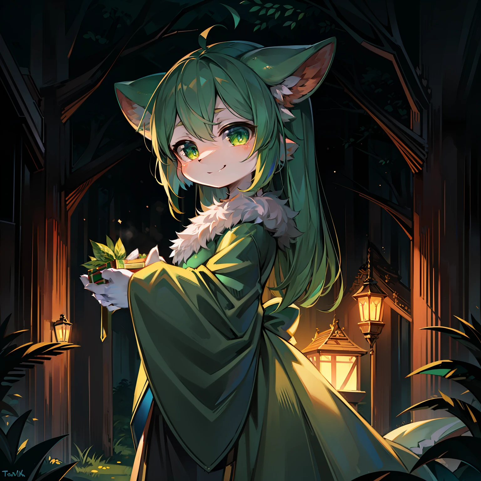 (((tmasterpiece))), 4K 分辨率, highly detailed, Cute slime monster girl,Green,Semi-liquid,Holding a gift box,A kind smile,The background is forest