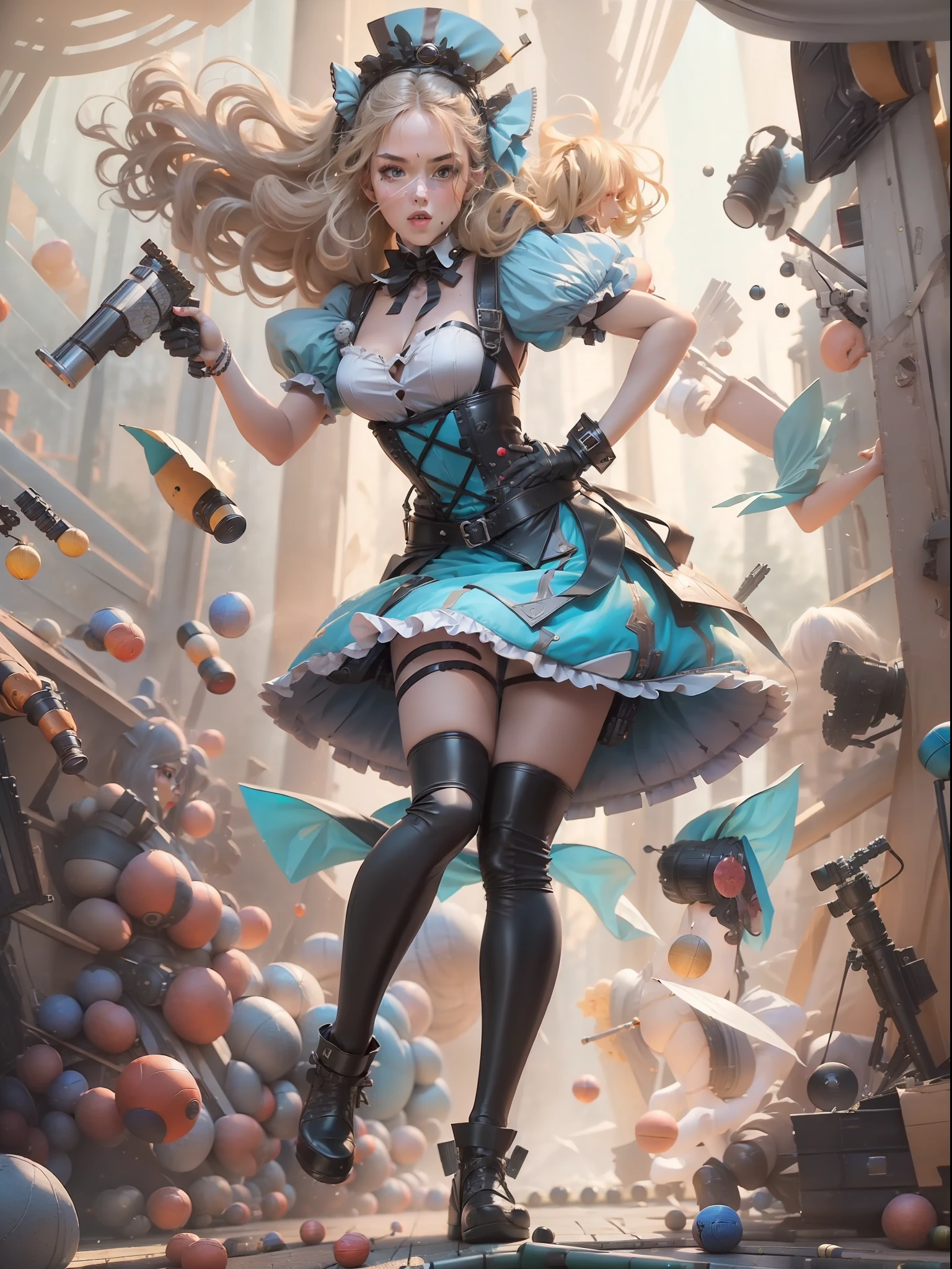 (Full body shooting:2), (Full Focus:1.3), No obstruction on the face, plethora of colors, ??????? correct, Alice in Wonderland, Strangle effect, High-heeled leather shoes, anklet, leg loops, collars, Heavy makeup, A shallow laugh, Latex stockings must be worn, hyper HD, Ray traching, structurally correct, Award-Awarded, high detal, lightand shade contrast, cinmatic lighting, tmasterpiece, super detailing, high high quality, high detal, best qualityer, 16k.