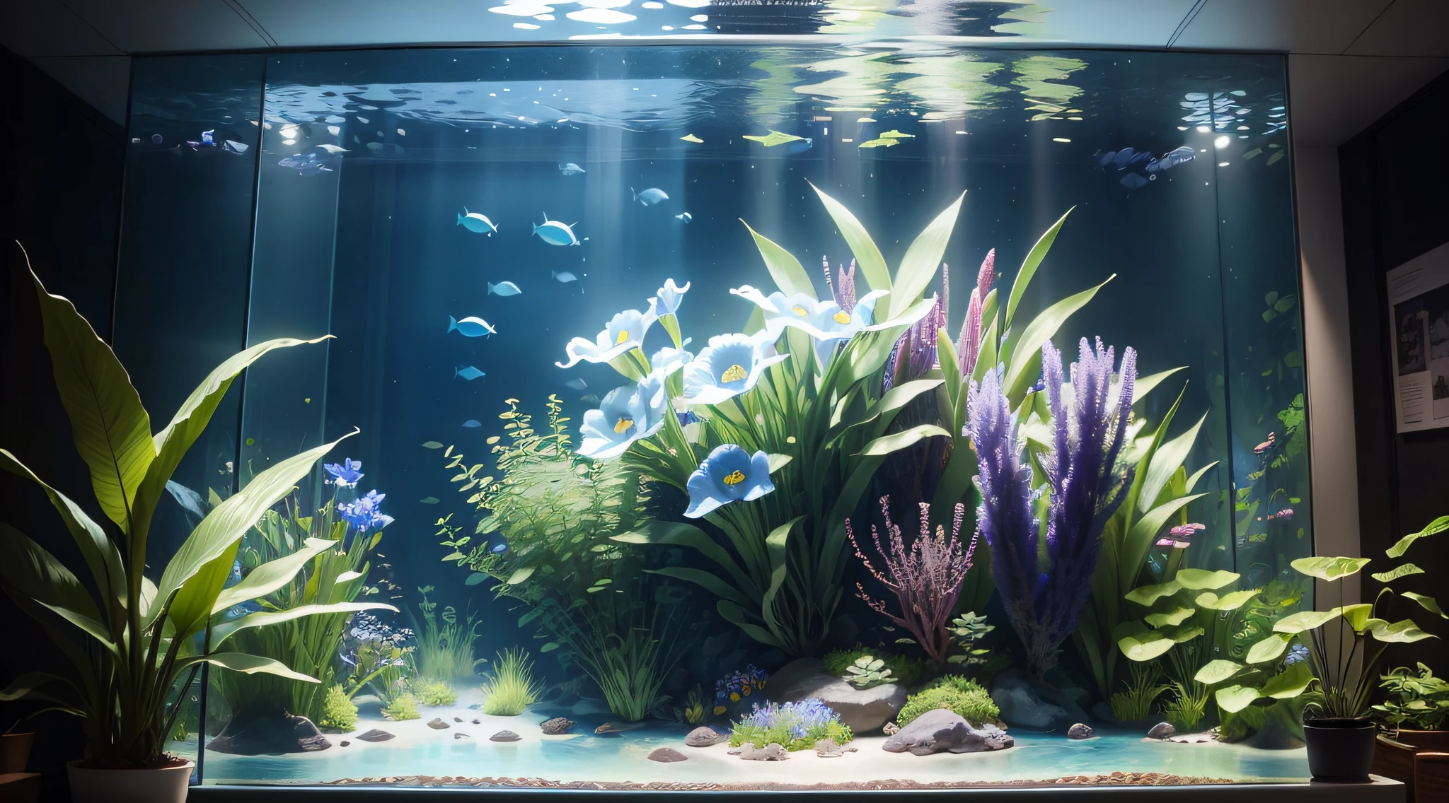 Giant aquarium in an aquarium、Flower irises everywhere at the bottom of the aquarium、top-quality、8K、masterpiece、a picture、Photorealsitic、Raw photography、top-quality、high-detail、真实感、photos realistic、Professional color complementation