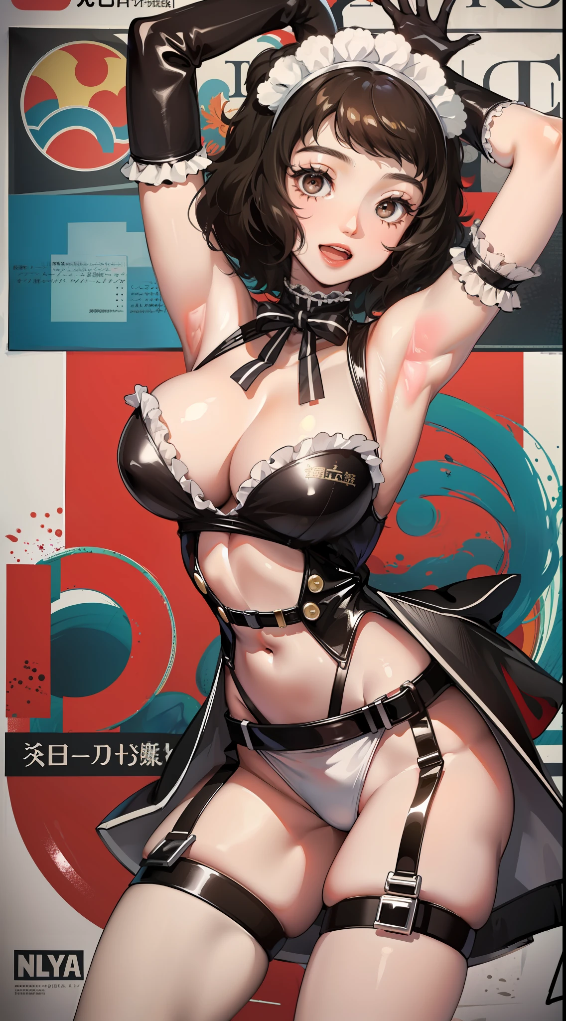 kawakami sadayo,the maid outfit，cheerfulness，Fleshy thighs，Pose，Poster publicity style，Ocean park，busty figure，C cup