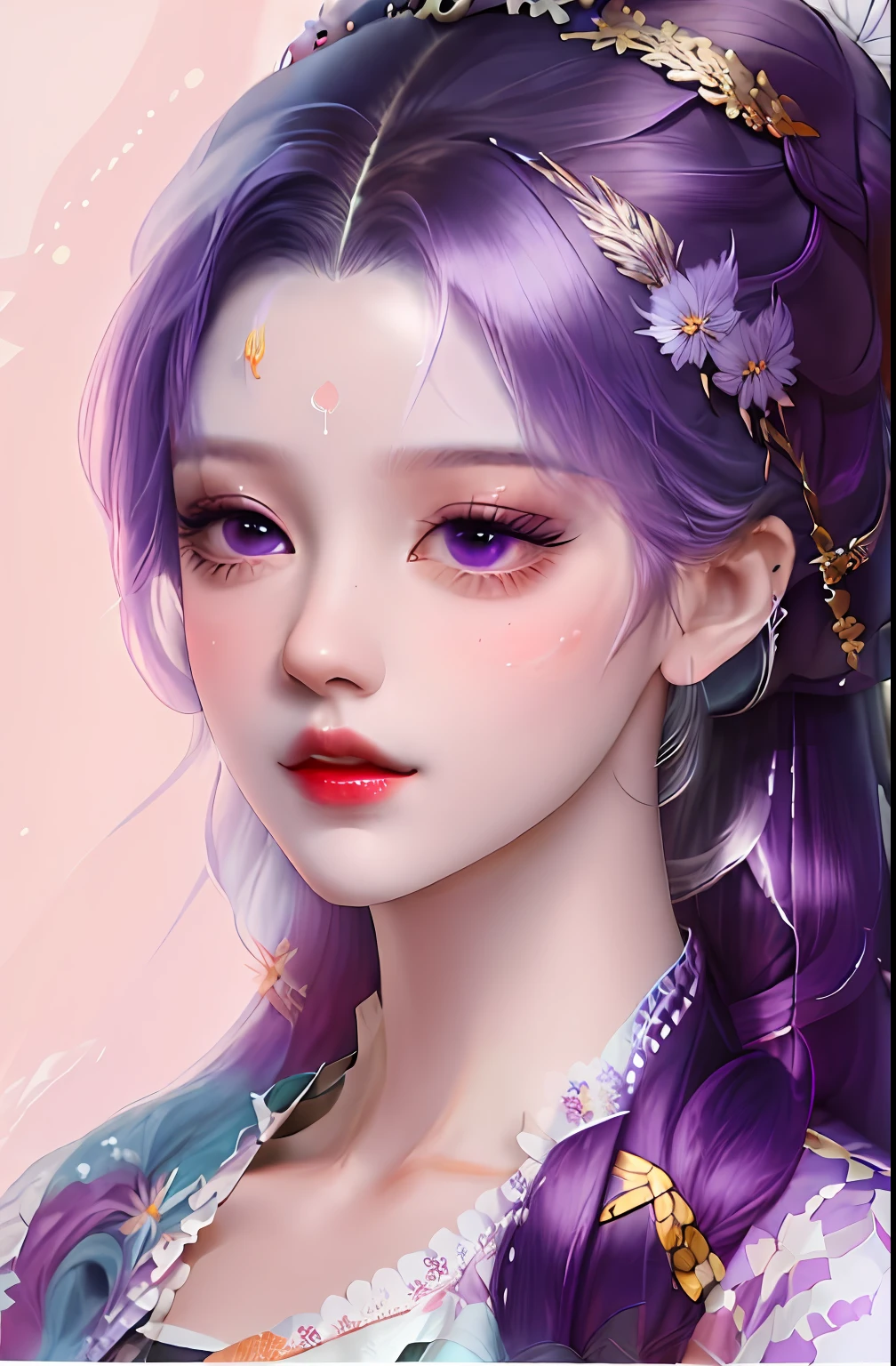 woman, Portrait, Masterpiece, Painting, korean style hair, Long hair, hair-bun, Braids, professional hair stylist, ornate hair, abstract backgrounds, Purple eyes, Dark blue hair, ((Blunt bangs))